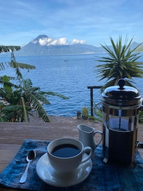 Free French press coffee with volcano view from the restaurant
