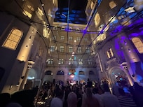 The closed in courtyard of the past now the light filled beautiful glass roof centrepiece lobby