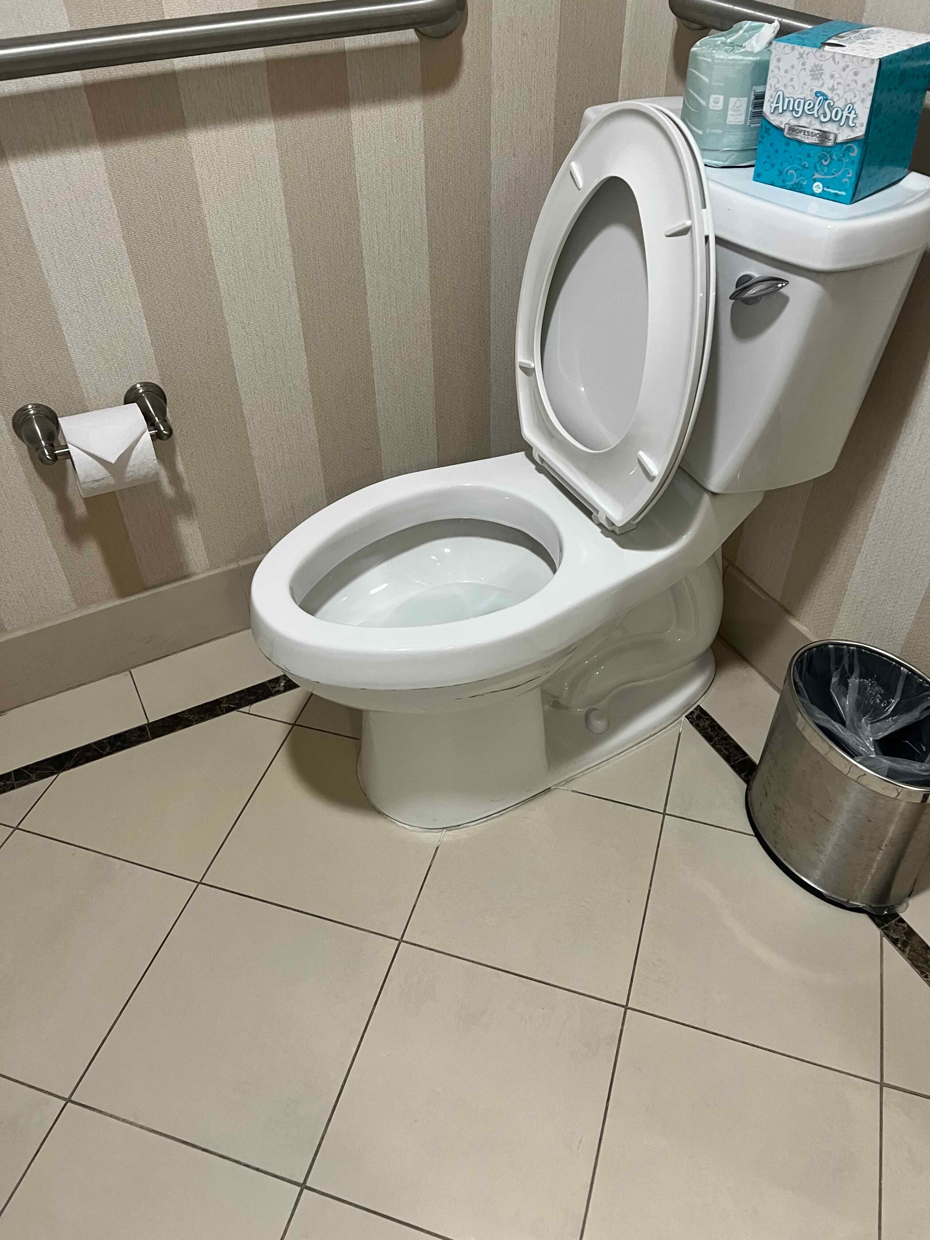 The toilet seat was up—clear signs the room had not been properly serviced. 