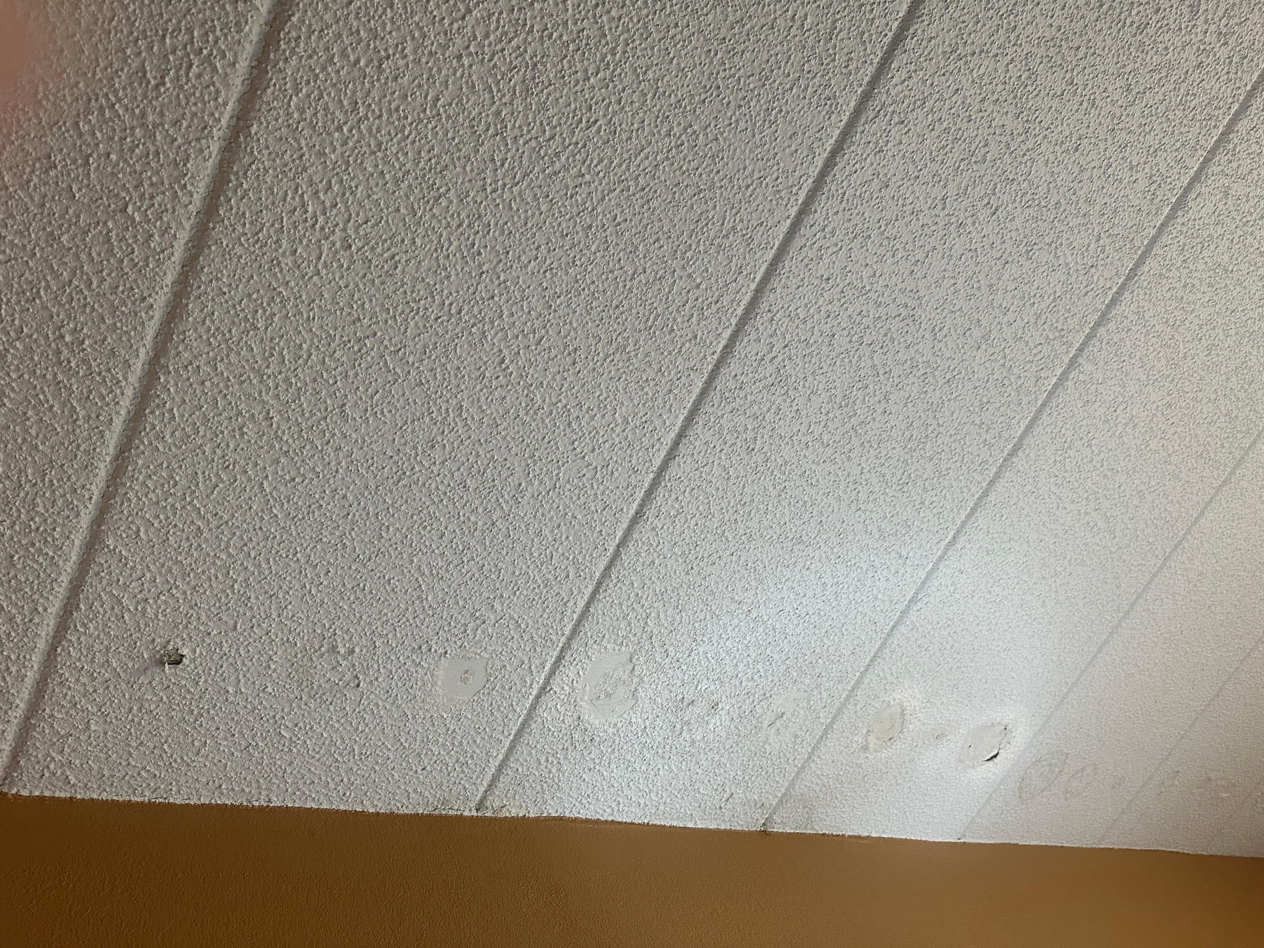 Water damage on ceiling right above head of the bed. Maybe where the powder was coming from?