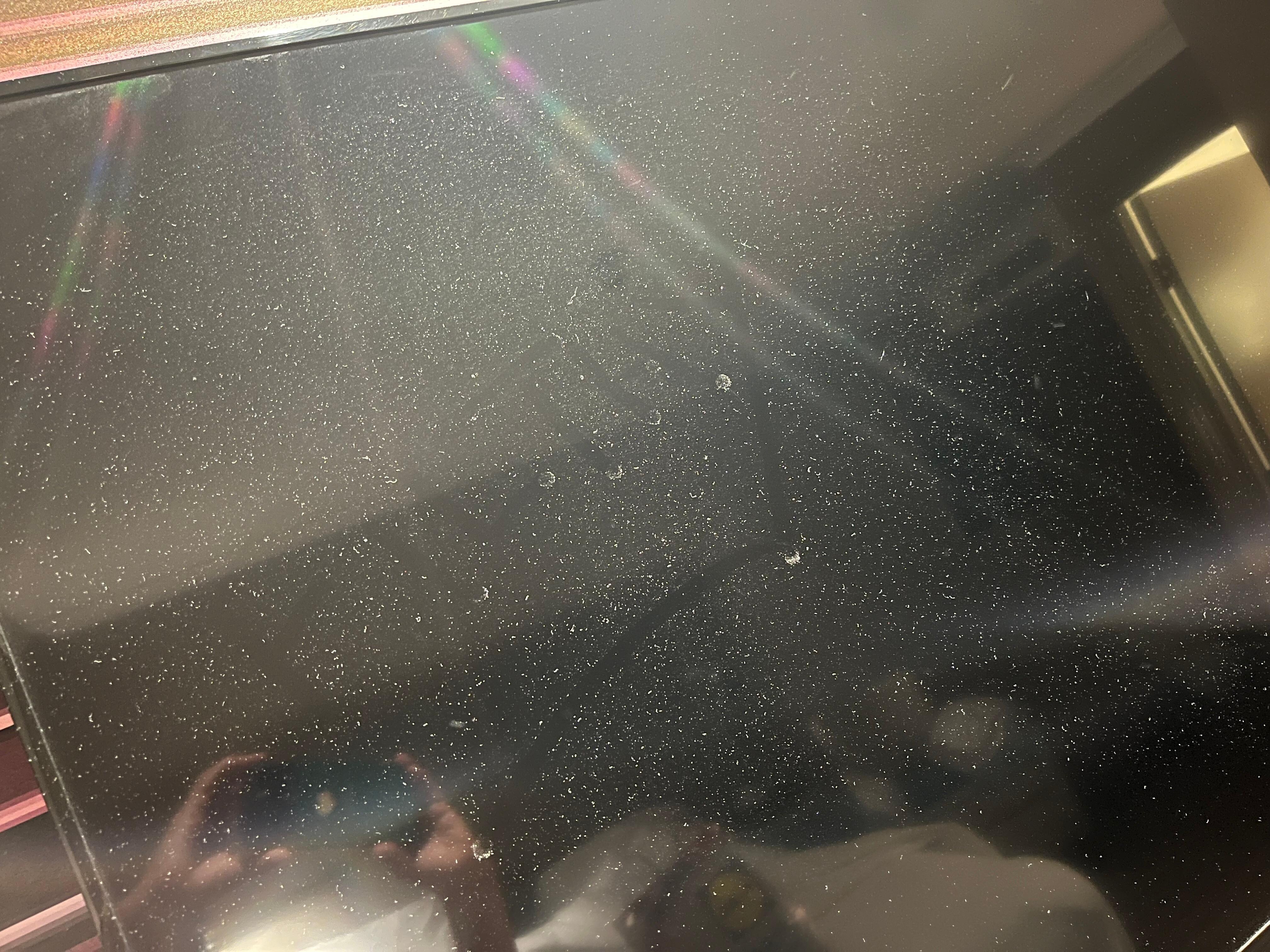 Level of dust on the tv.  Was able to write filthy in it 