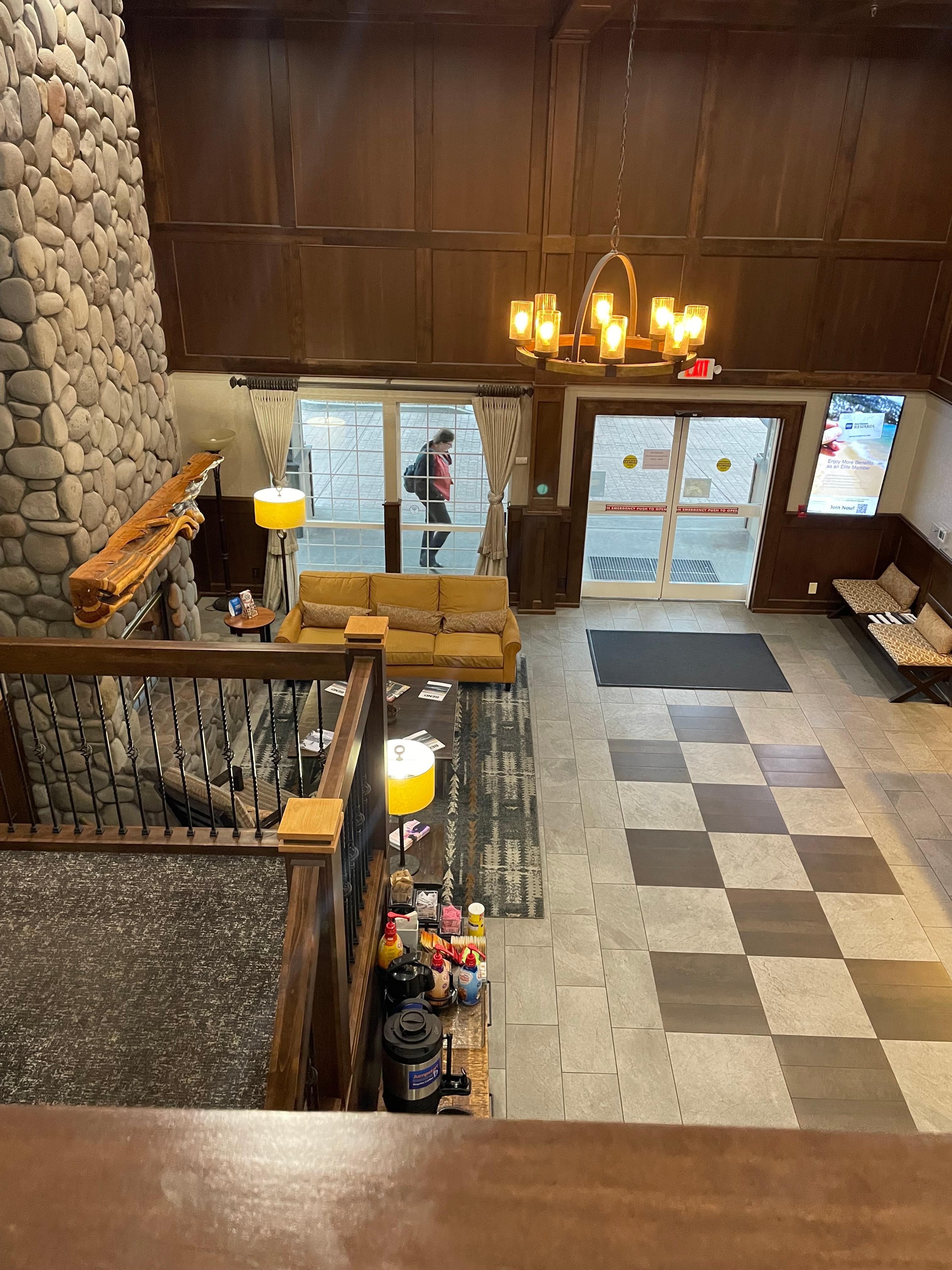 View of the lobby from the second floor.  And the lobby is very cozy due to the fire place.  