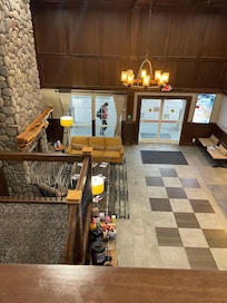 View of the lobby from the second floor. And the lobby is very cozy due to the fire place.