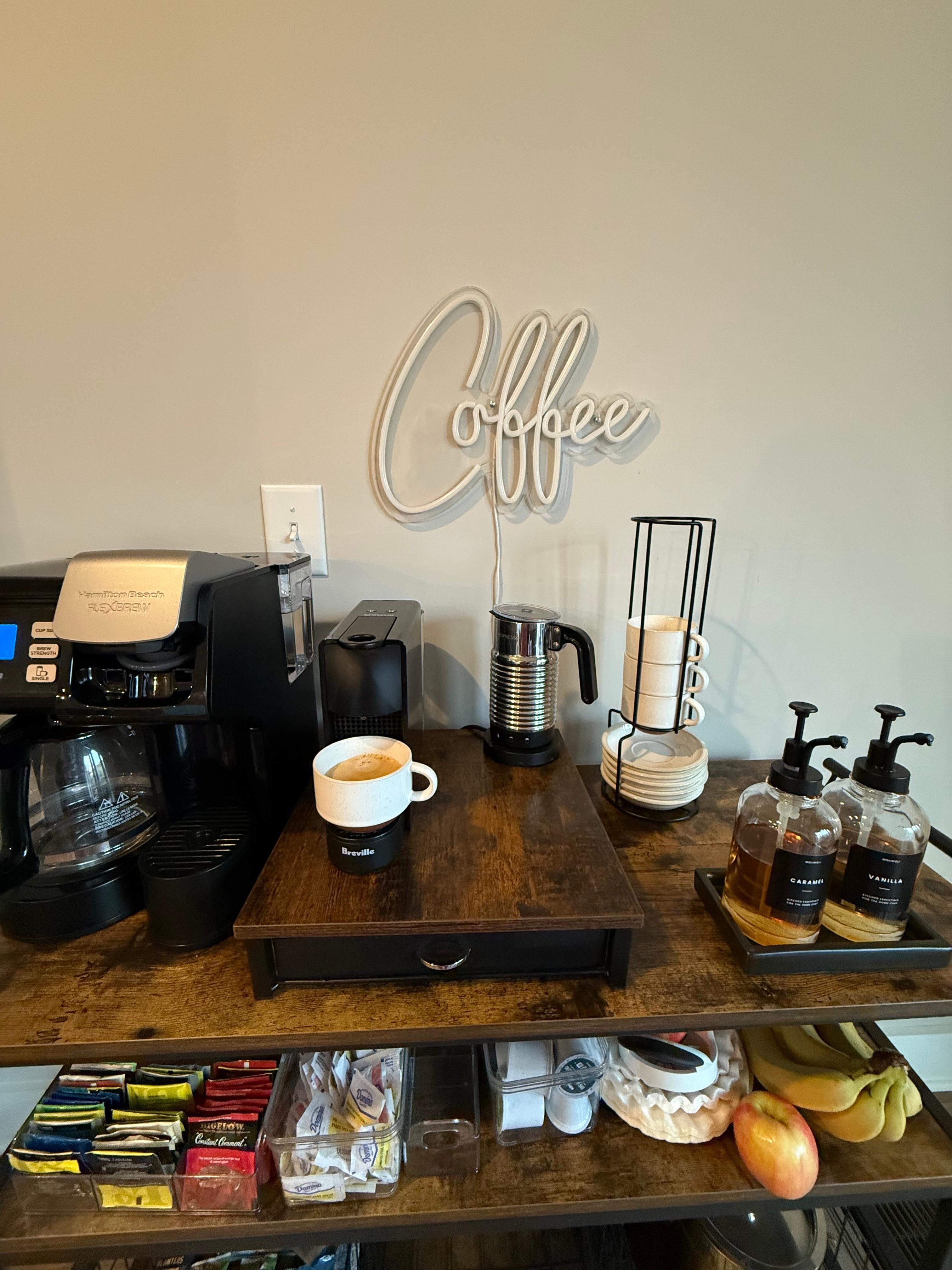 The super nice, well stocked coffee bar 
