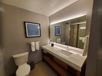 The bathroom was modern and clean.