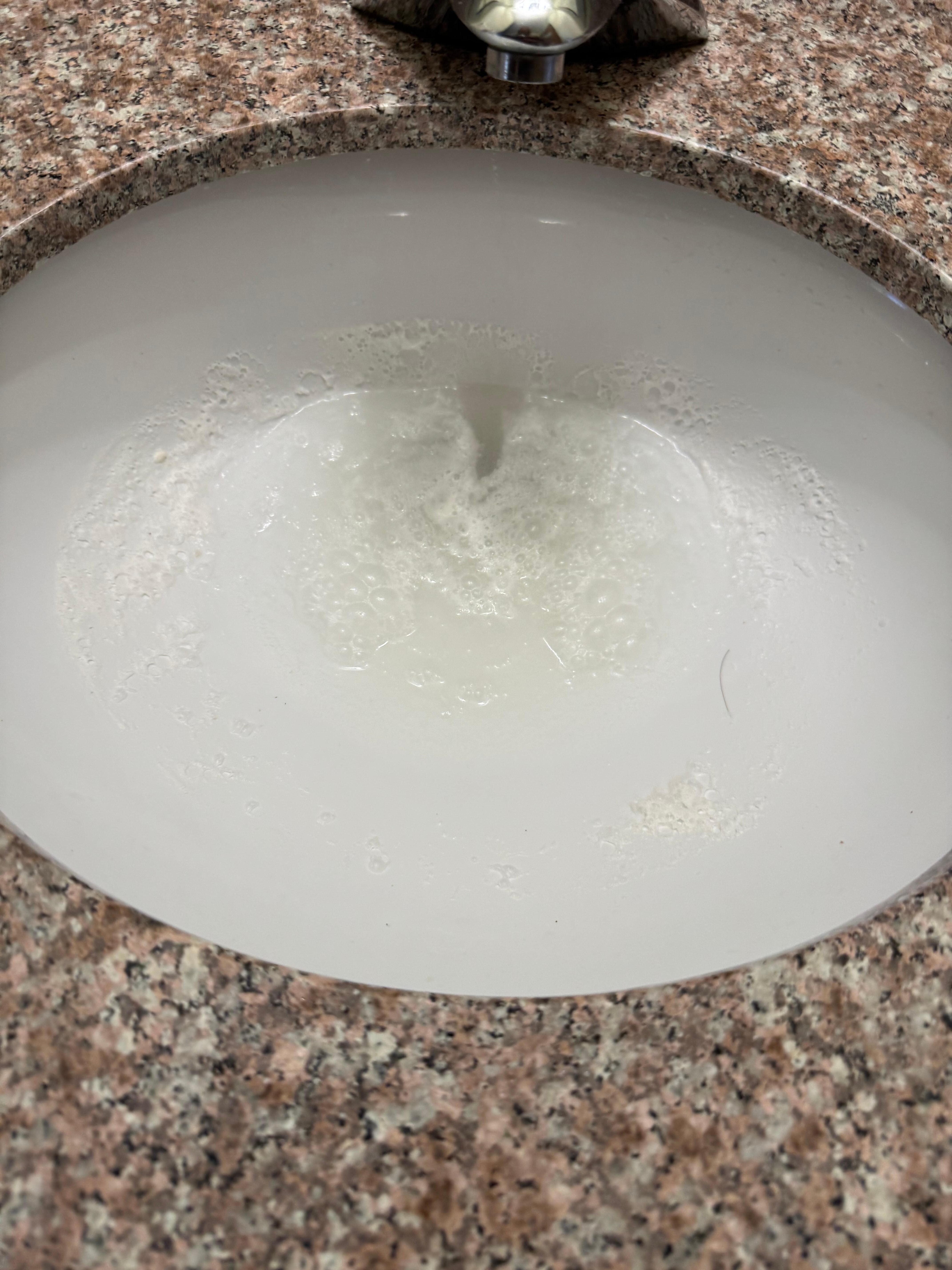 Our gross clogged sink that they got unclogged but never cleaned it after. Unfortunately I dumped coffee in it before I realized it was clogged. 