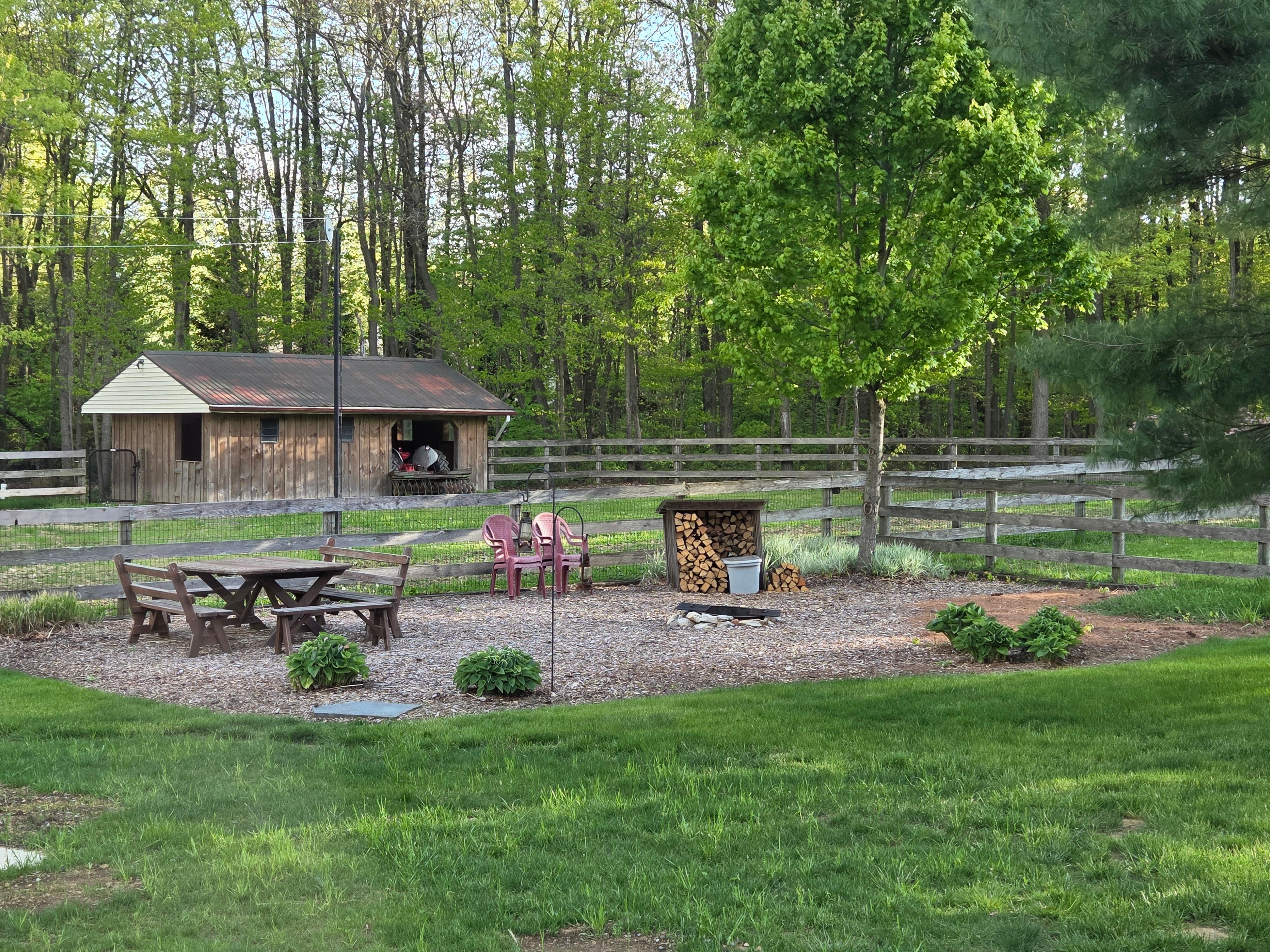 Outdoor fire pit, with chairs, wood, newspapers, etc