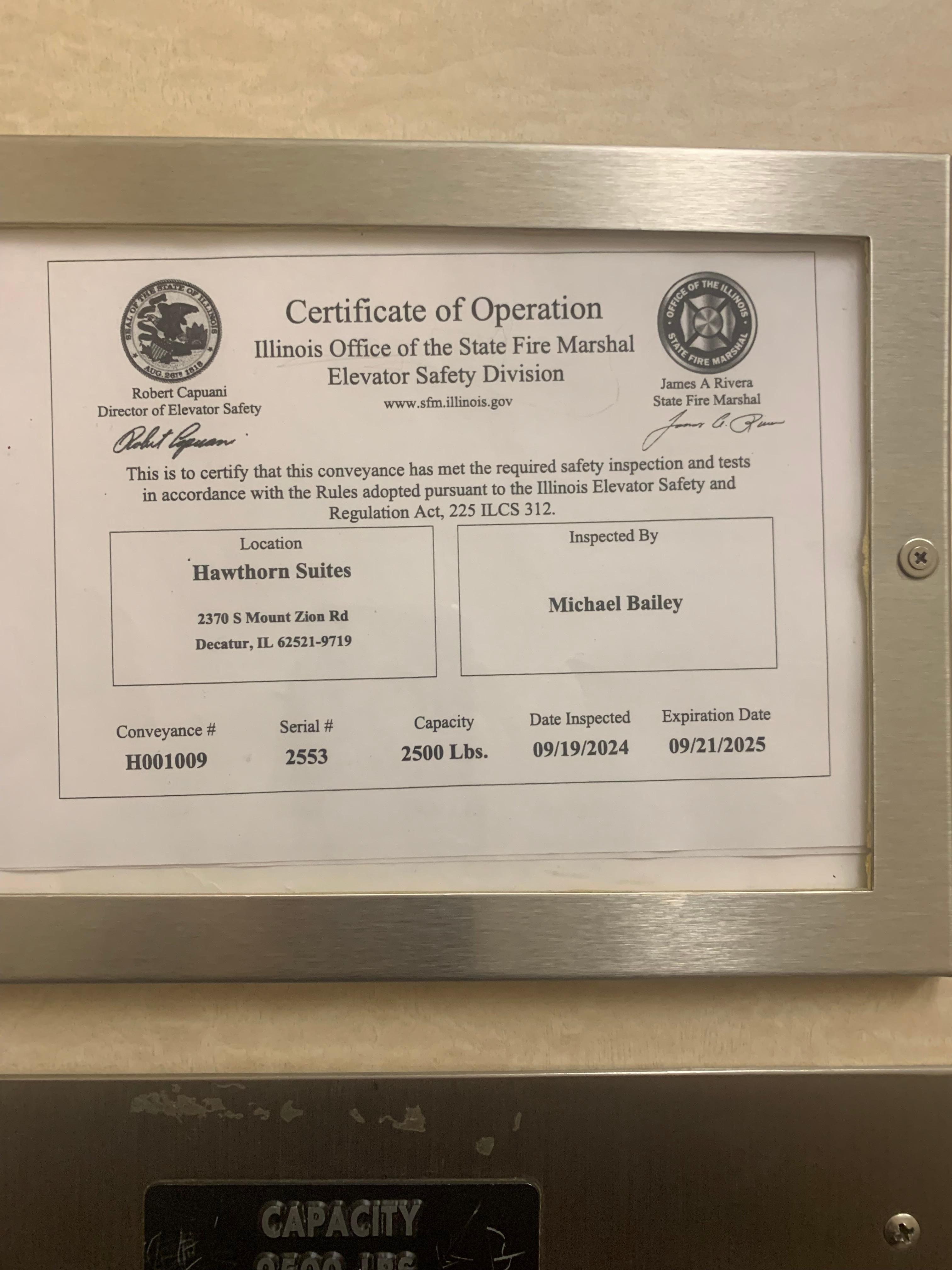 Elevator inspection was expired 