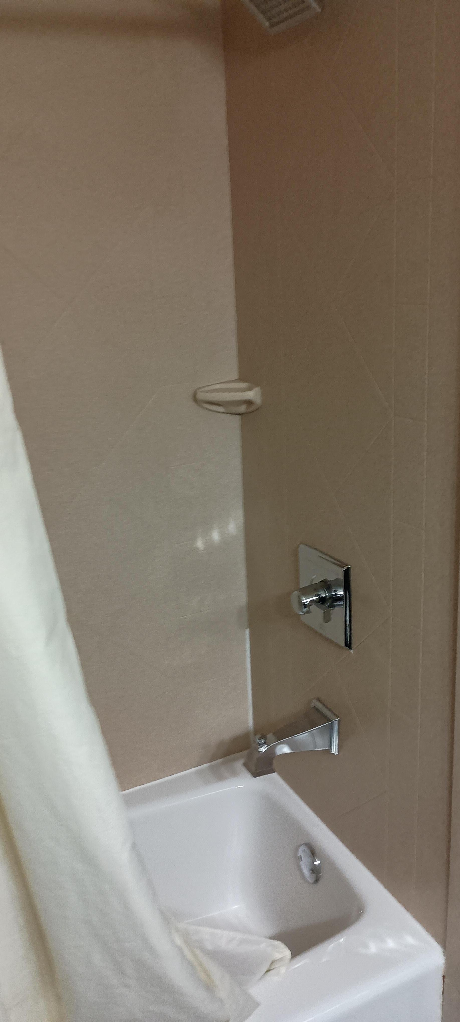 Basic tub/shower, but I really like the type of curtains they use because they can be removed easily for cleaning, so it felt very clean.