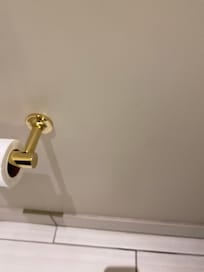 Dirty walls by toilet.