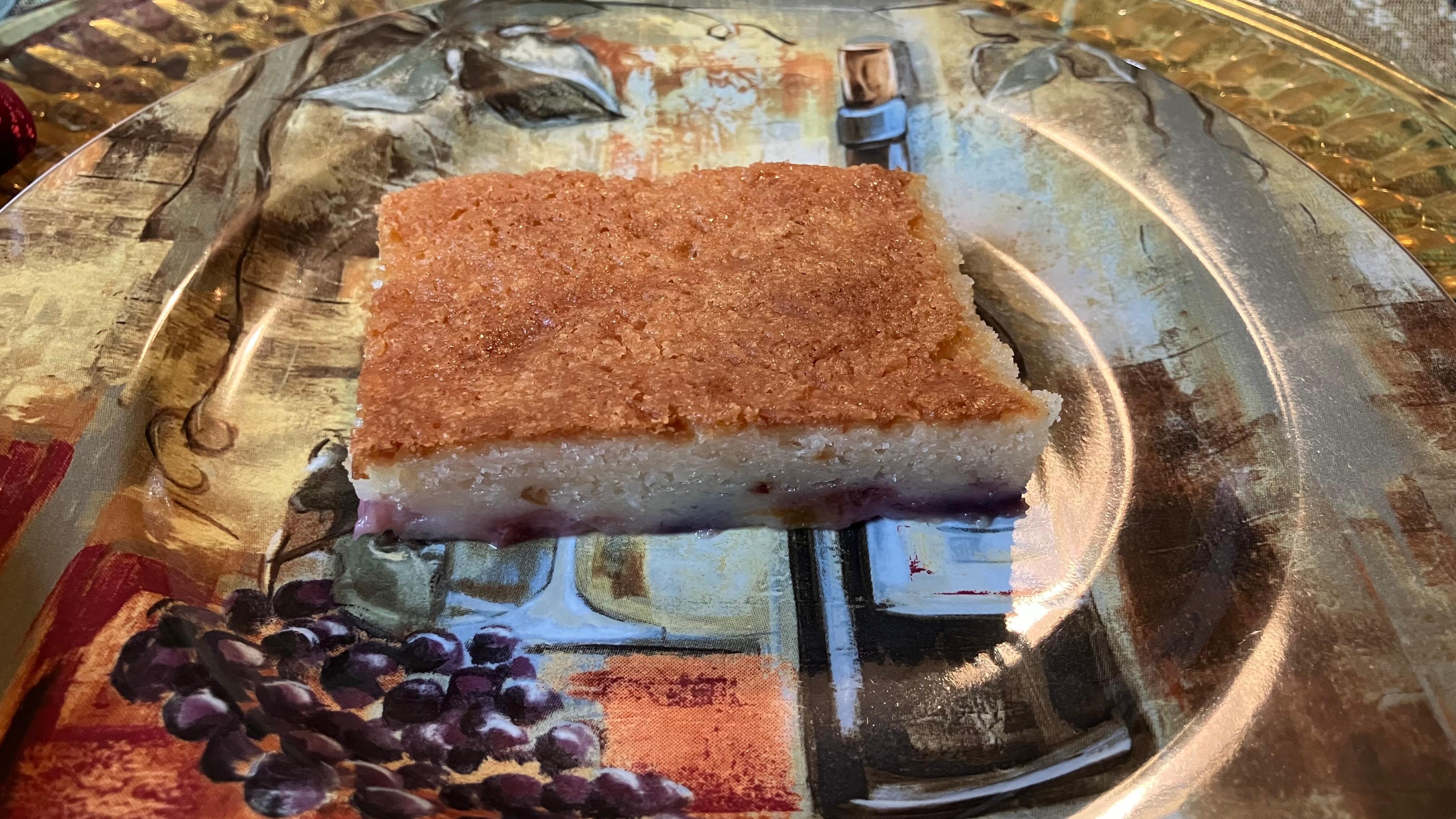 Breakfast 1st course. A moist cake with fresh fruit on the bottom and a lovely crust. Perfect way to start the day.