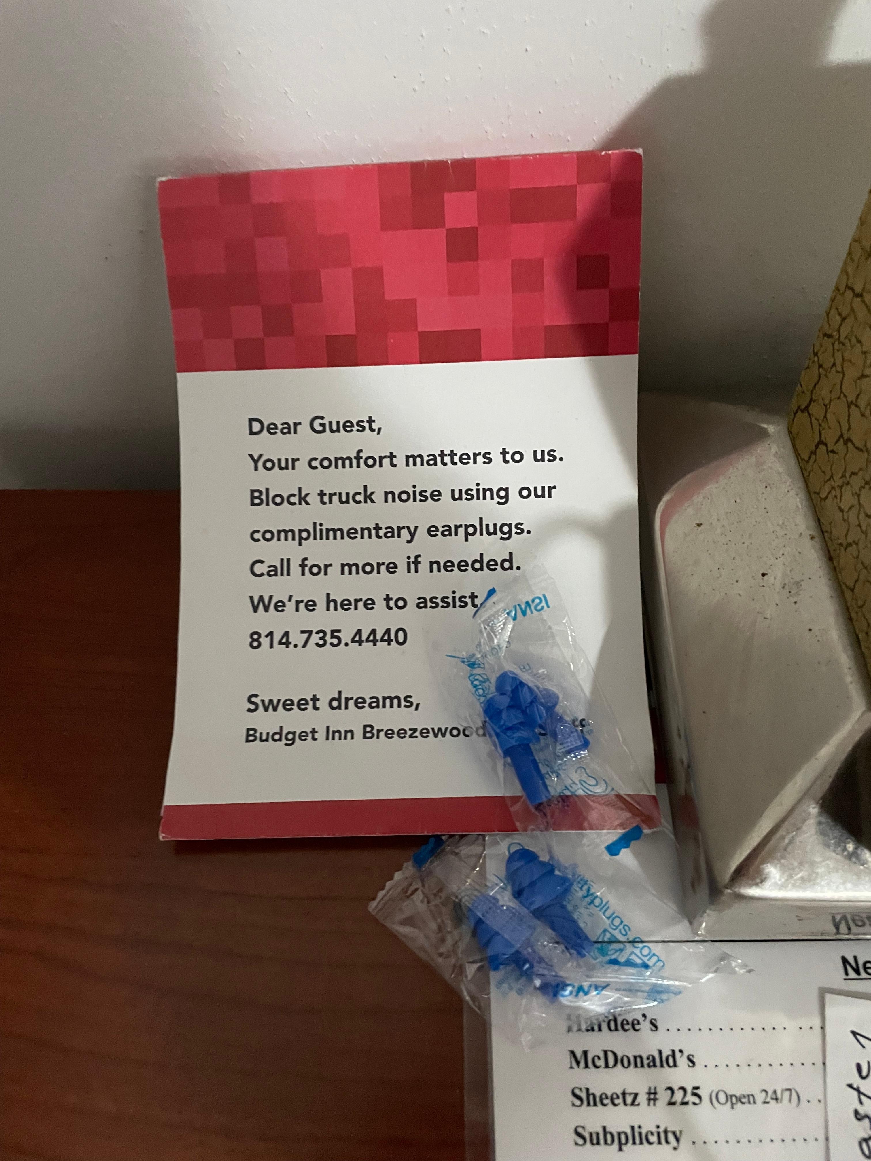 Budget Inn's noise mitigation.