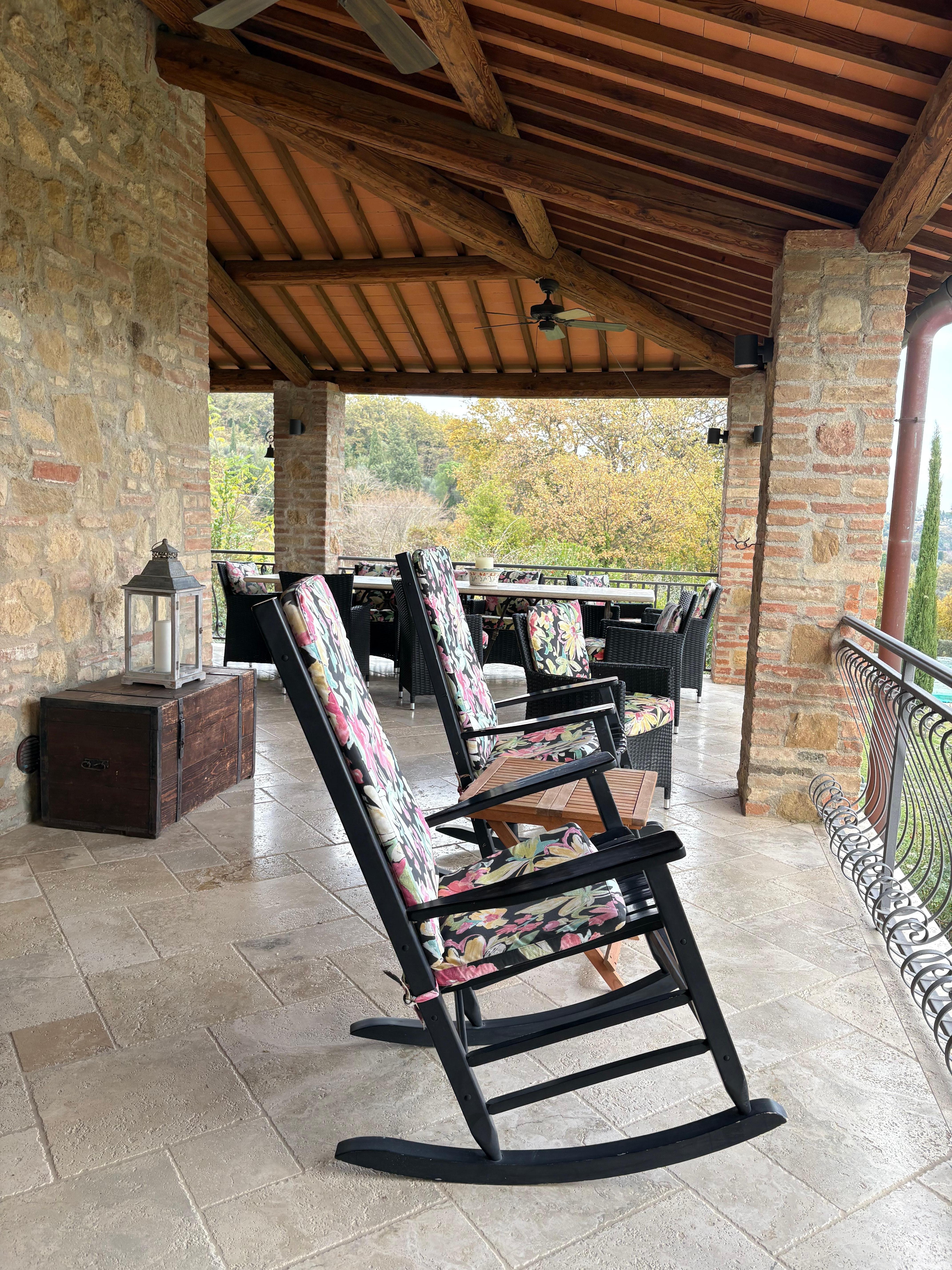 Sitting on the terrace for morning coffee is comfortable even in November with one of the cozy lap blankets.