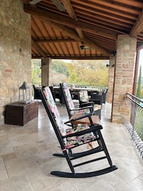 Sitting on the terrace for morning coffee is comfortable even in November with one of the cozy lap blankets.