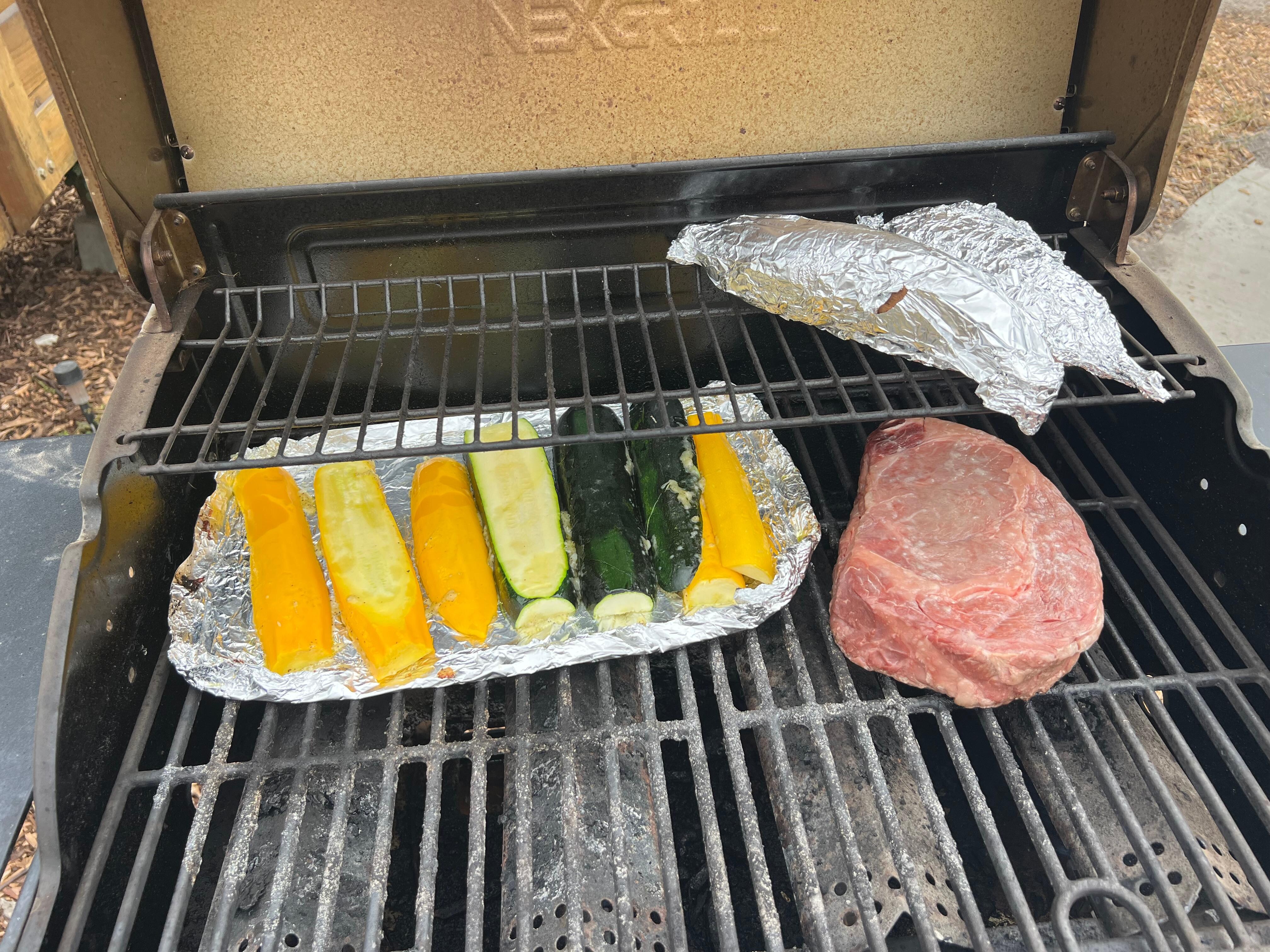 Yellow and green zuccini from the farm, sweet potatoes and a Harris Ranch Ribeye.Happy Campers
