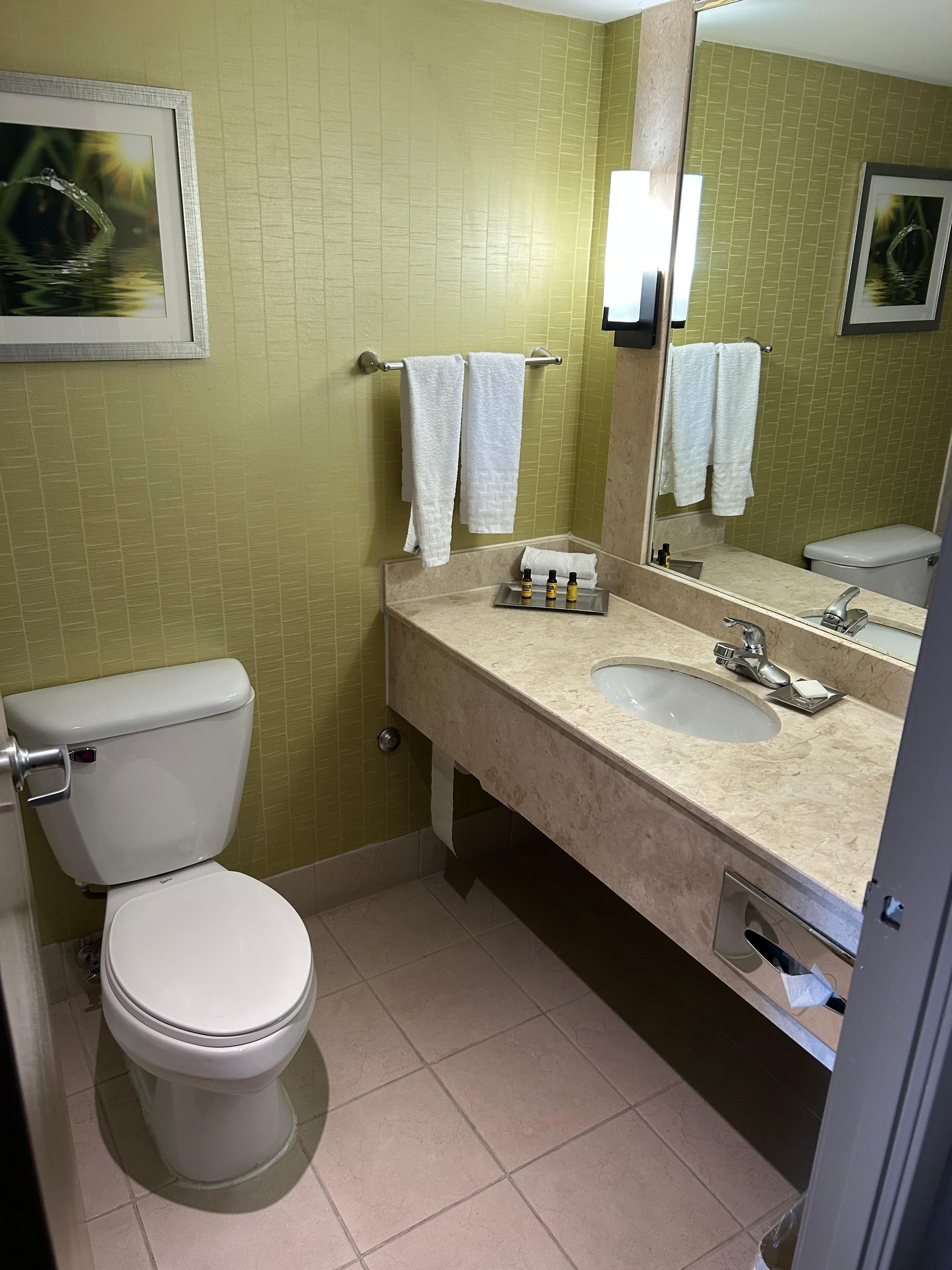 Clean bathroom with slightly dated design.