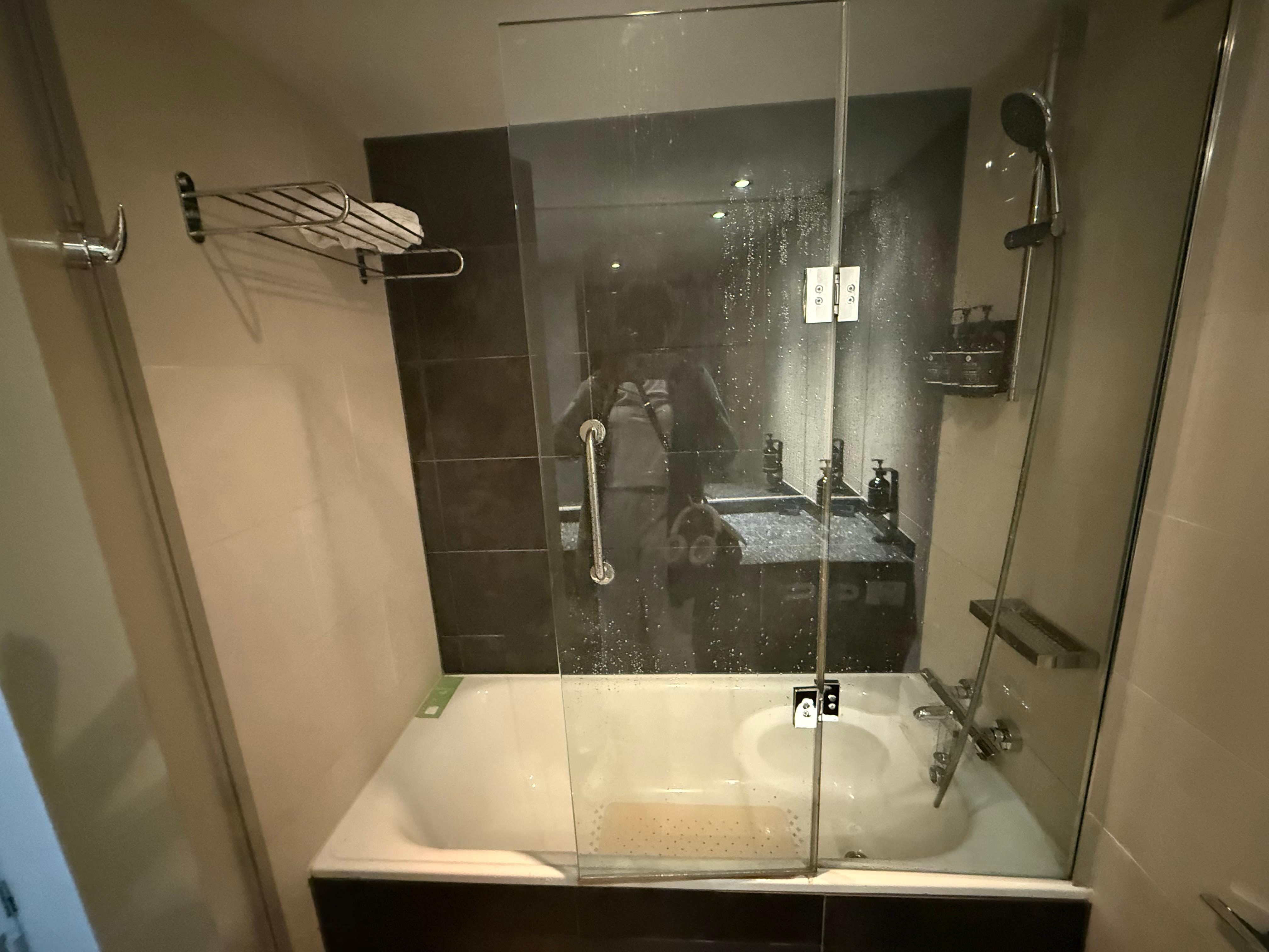 Shower’s enclosed halfway.