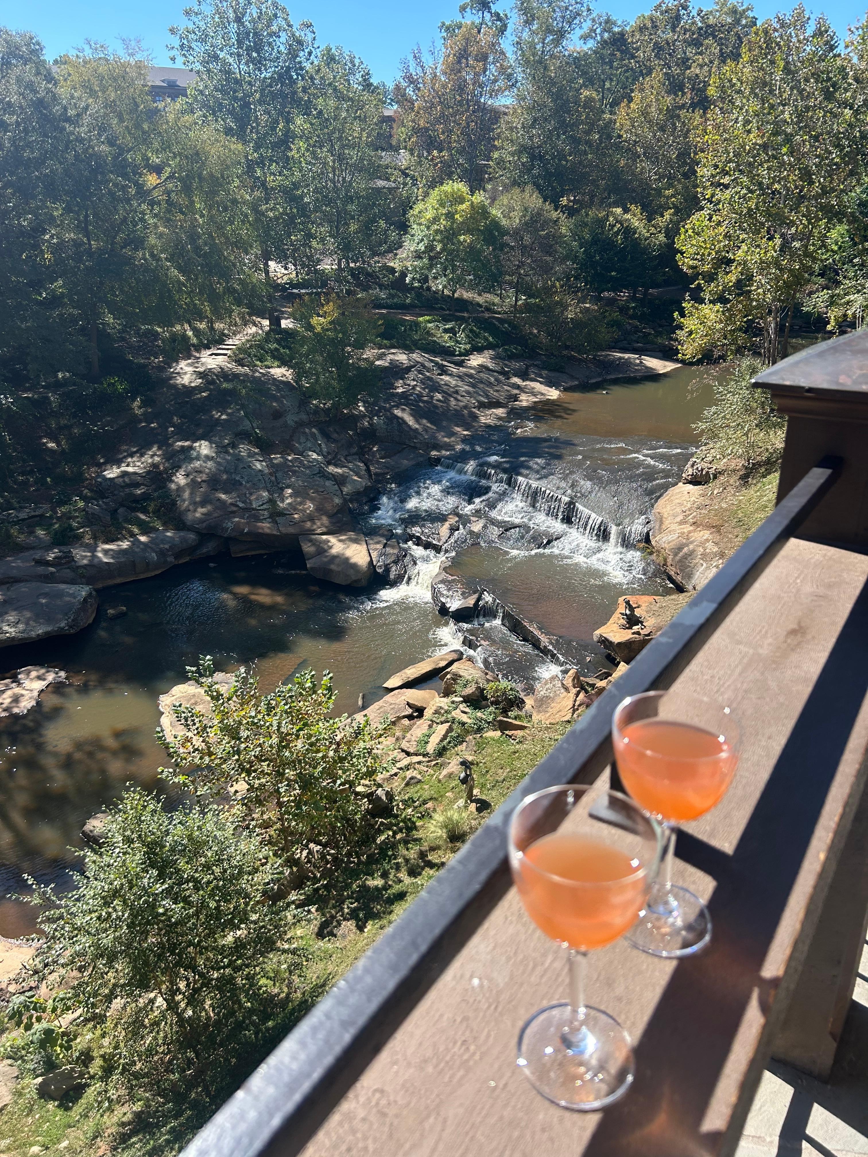 View from balcony off hotel lobby. 
