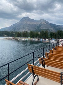 Town dock on the international with mountains in background