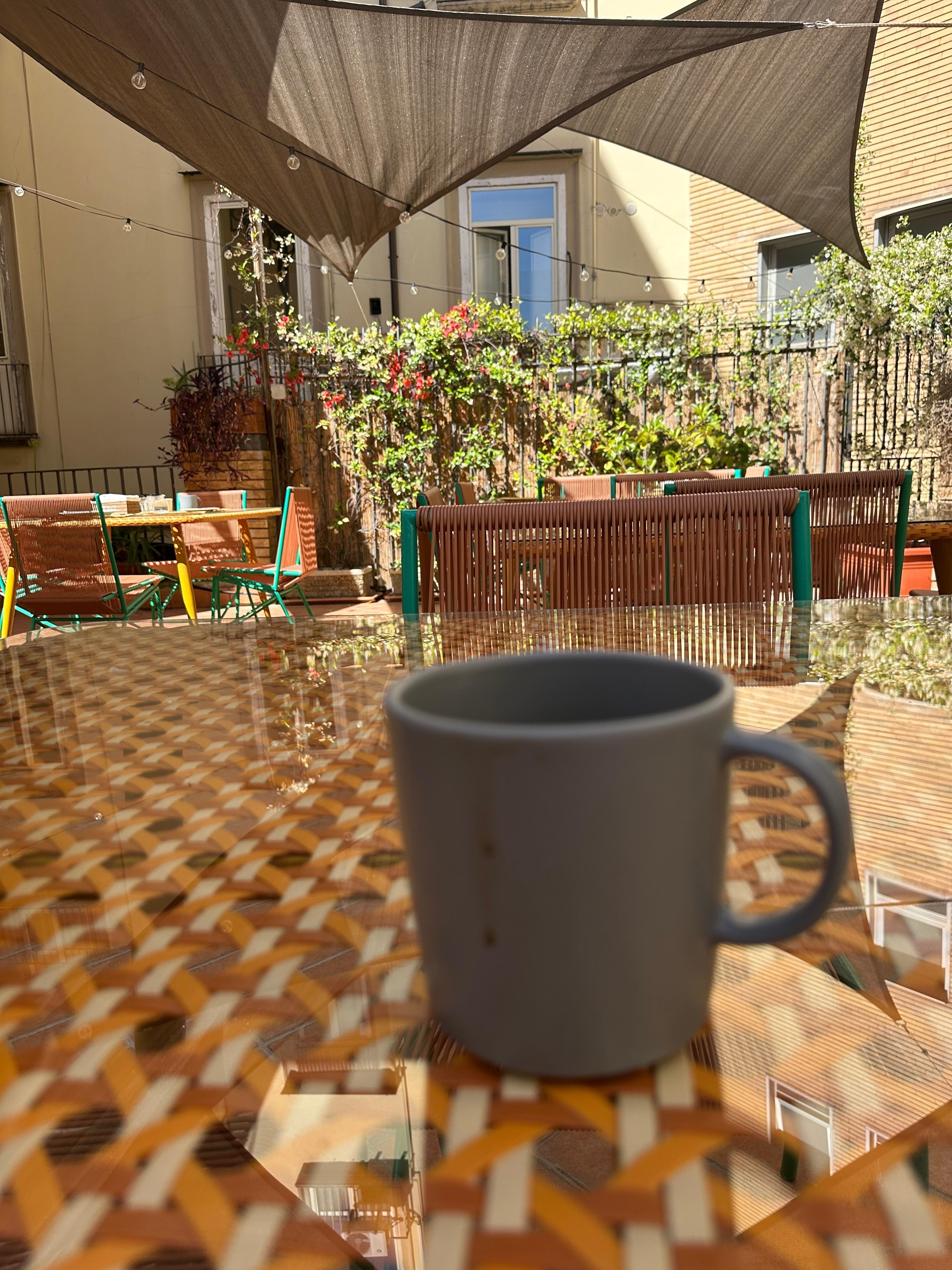 Breakfast outside in the garden.