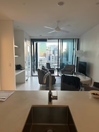 Kitchen and living room.