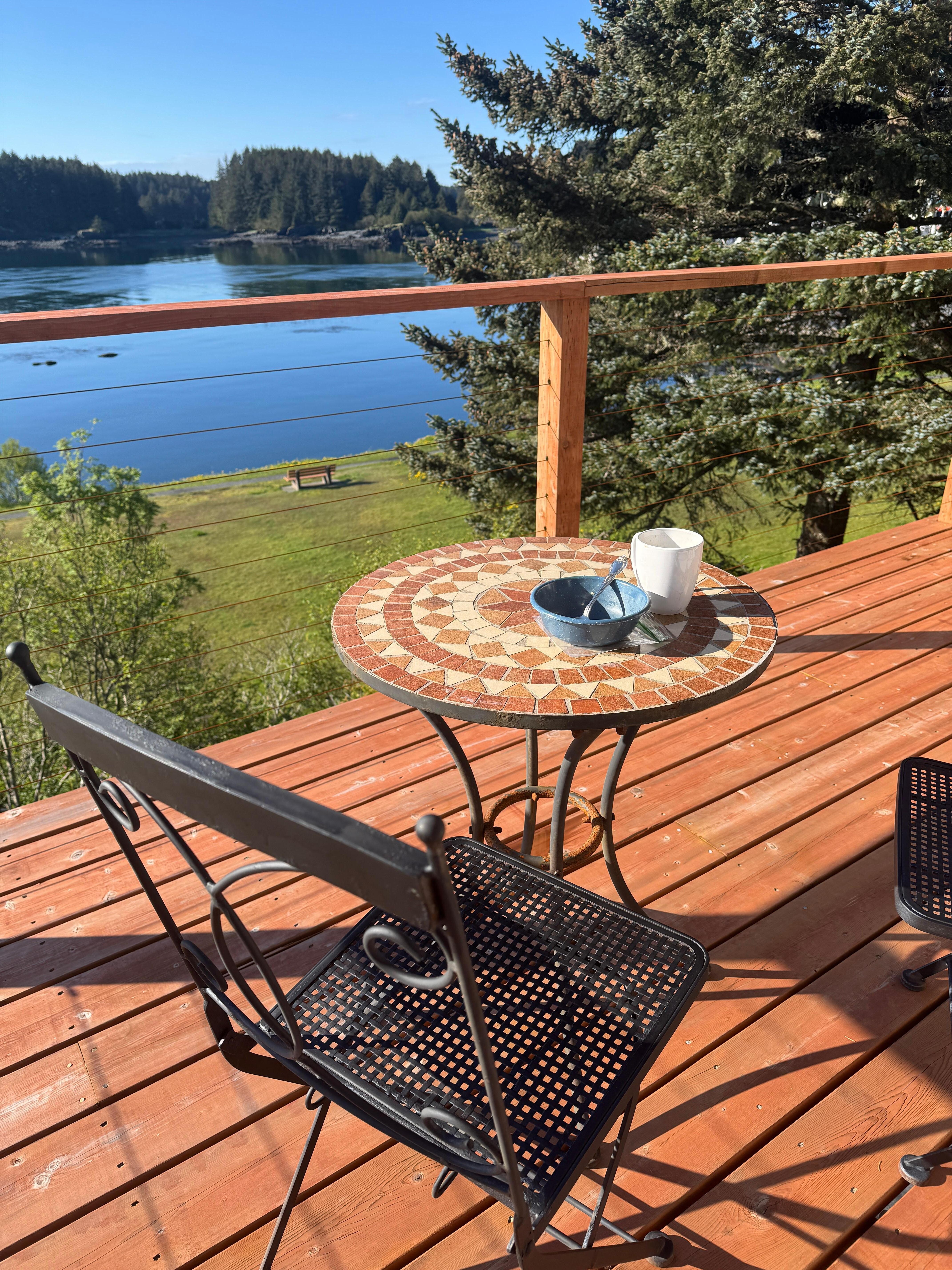Breakfast out on the back deck facing the channel
