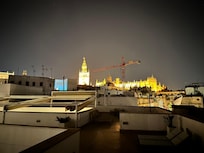 A view of the cathedral from the roof top at night.