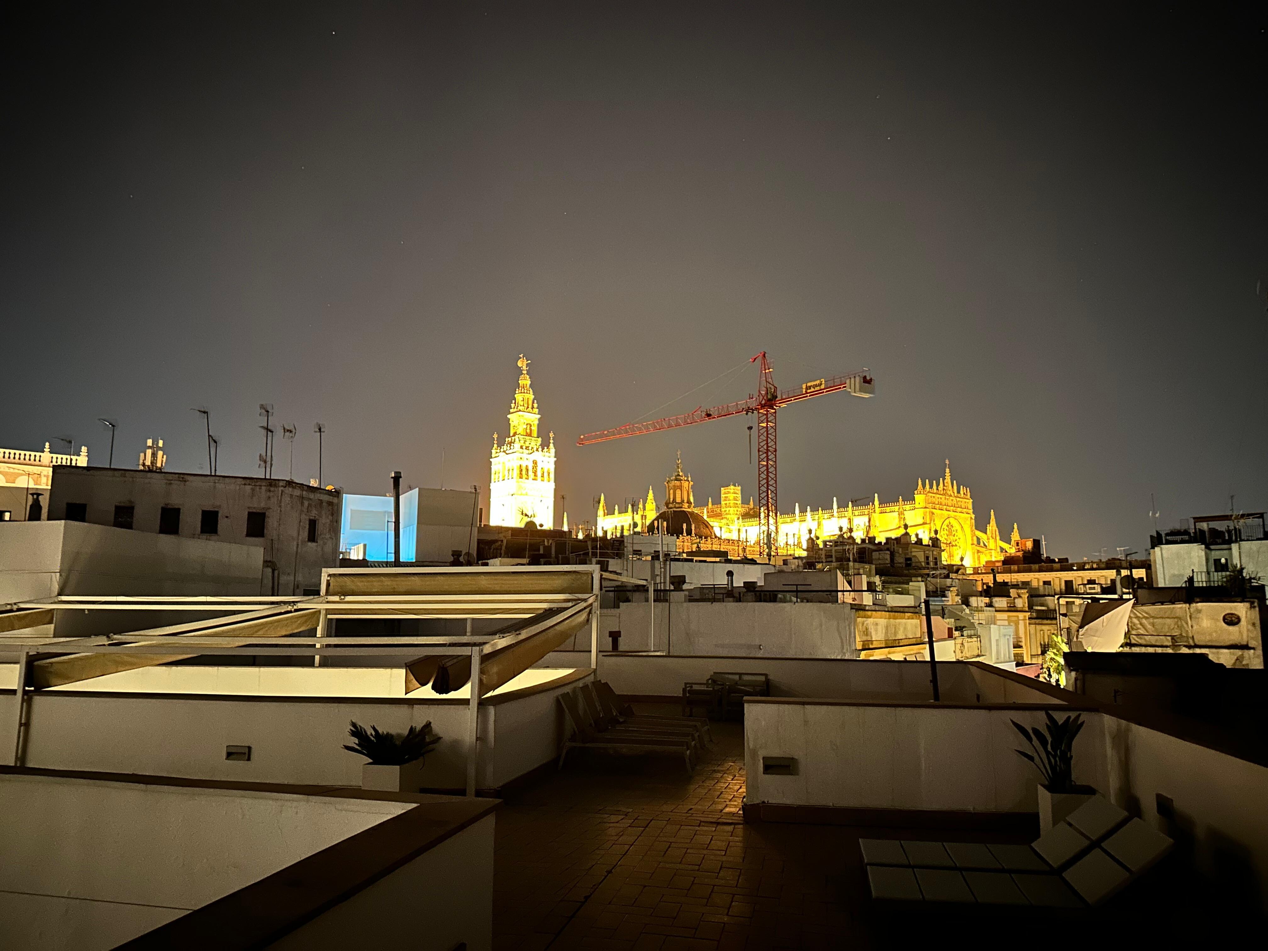 A view of the cathedral from the roof top at night. 