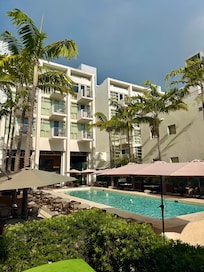 What the courtyard of the hotel looked like it also had a bar