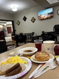 Got to catch the weather & news while enjoying scrambled eggs, biscuits & gravel!