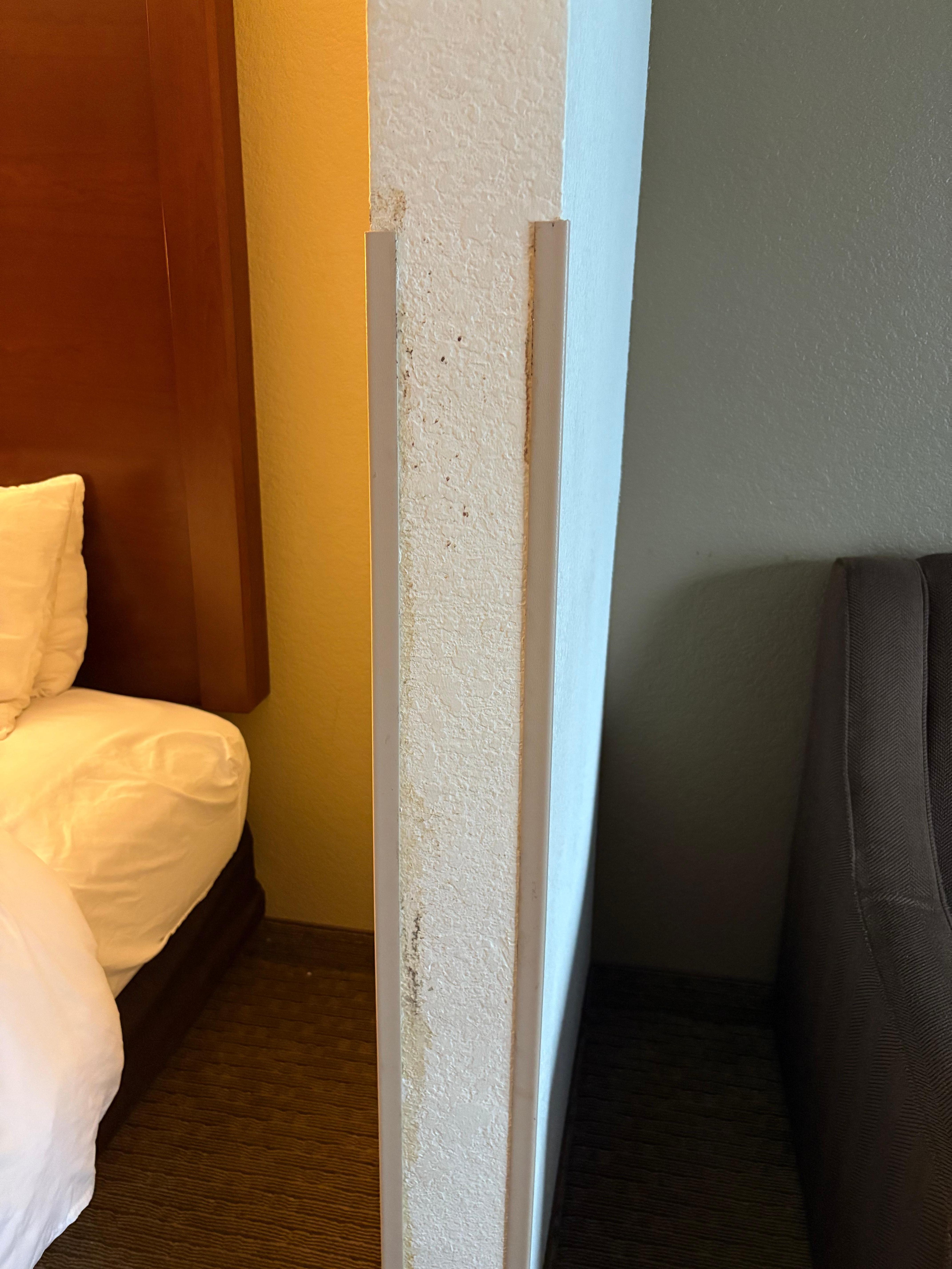 Wall between bed w/ stain and couch