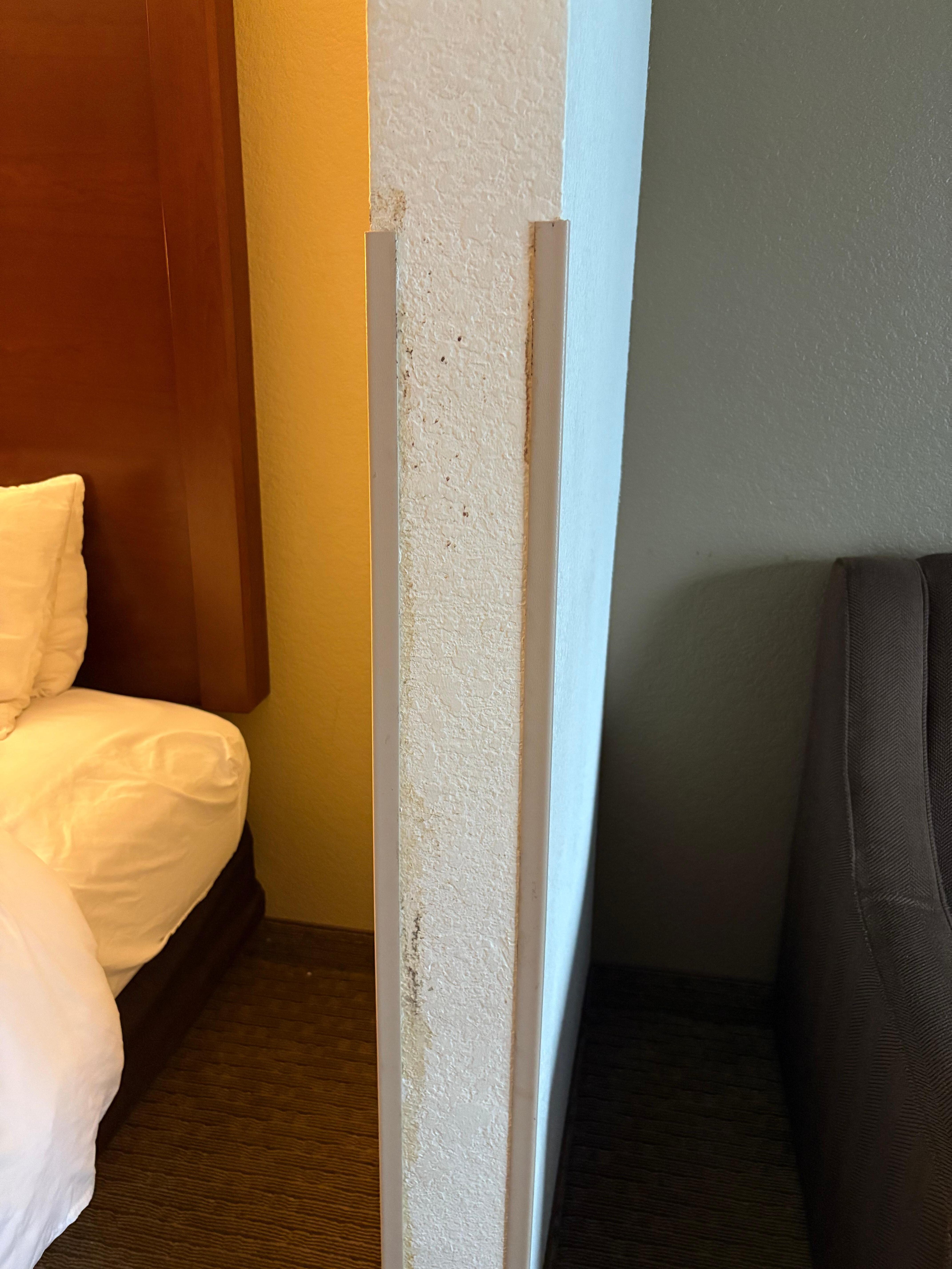 Wall between bed w/ stain and couch