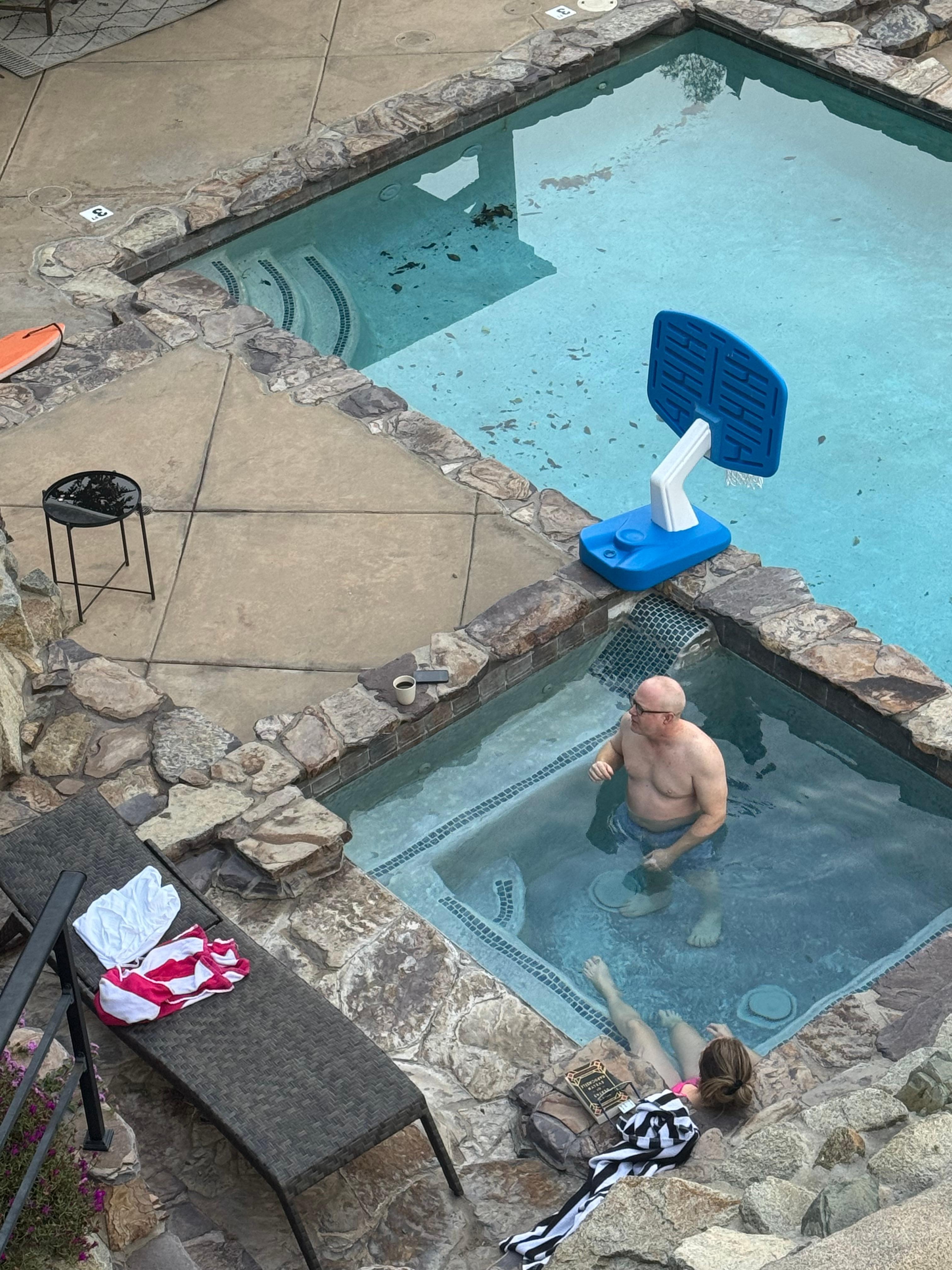 Hot tub from main level balcony.