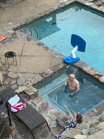 Hot tub from main level balcony.