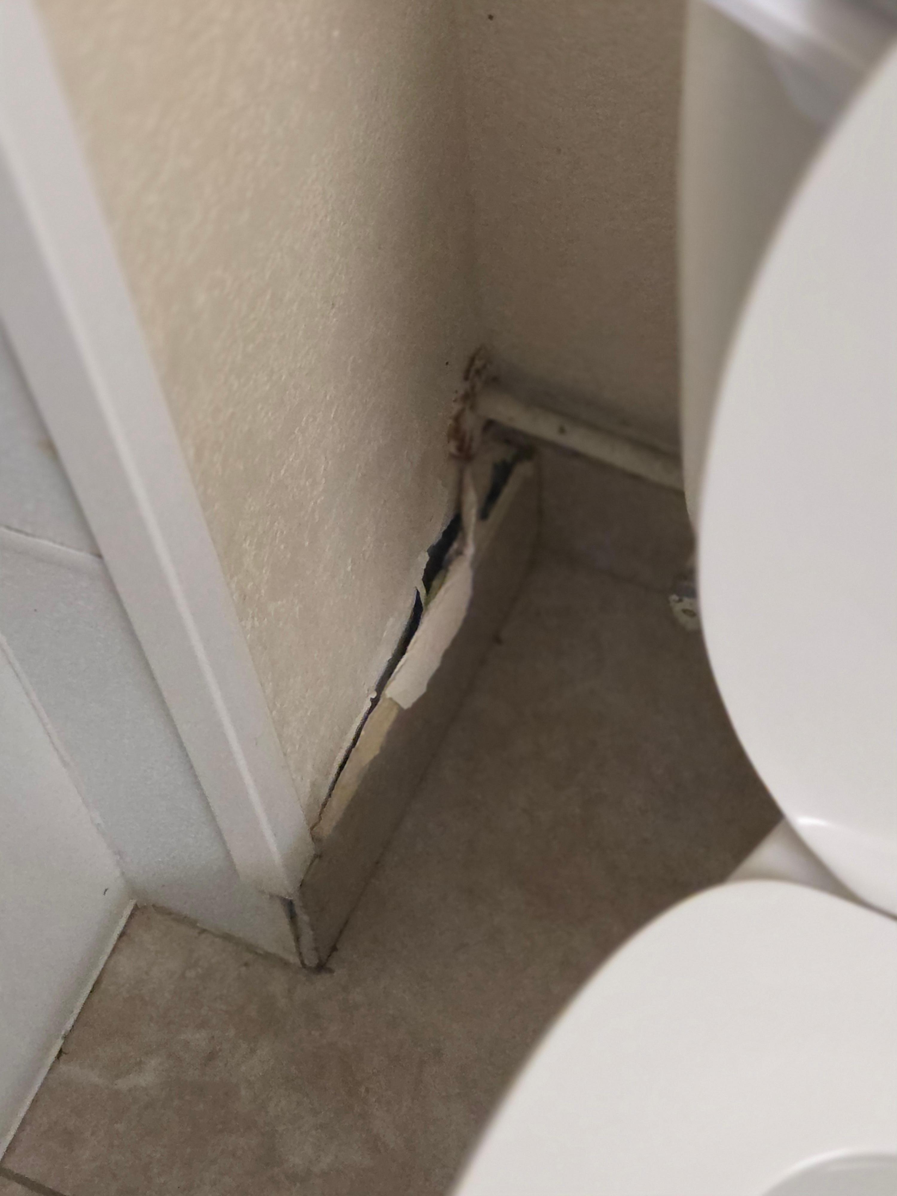 Baseboards falling off wall and moldy