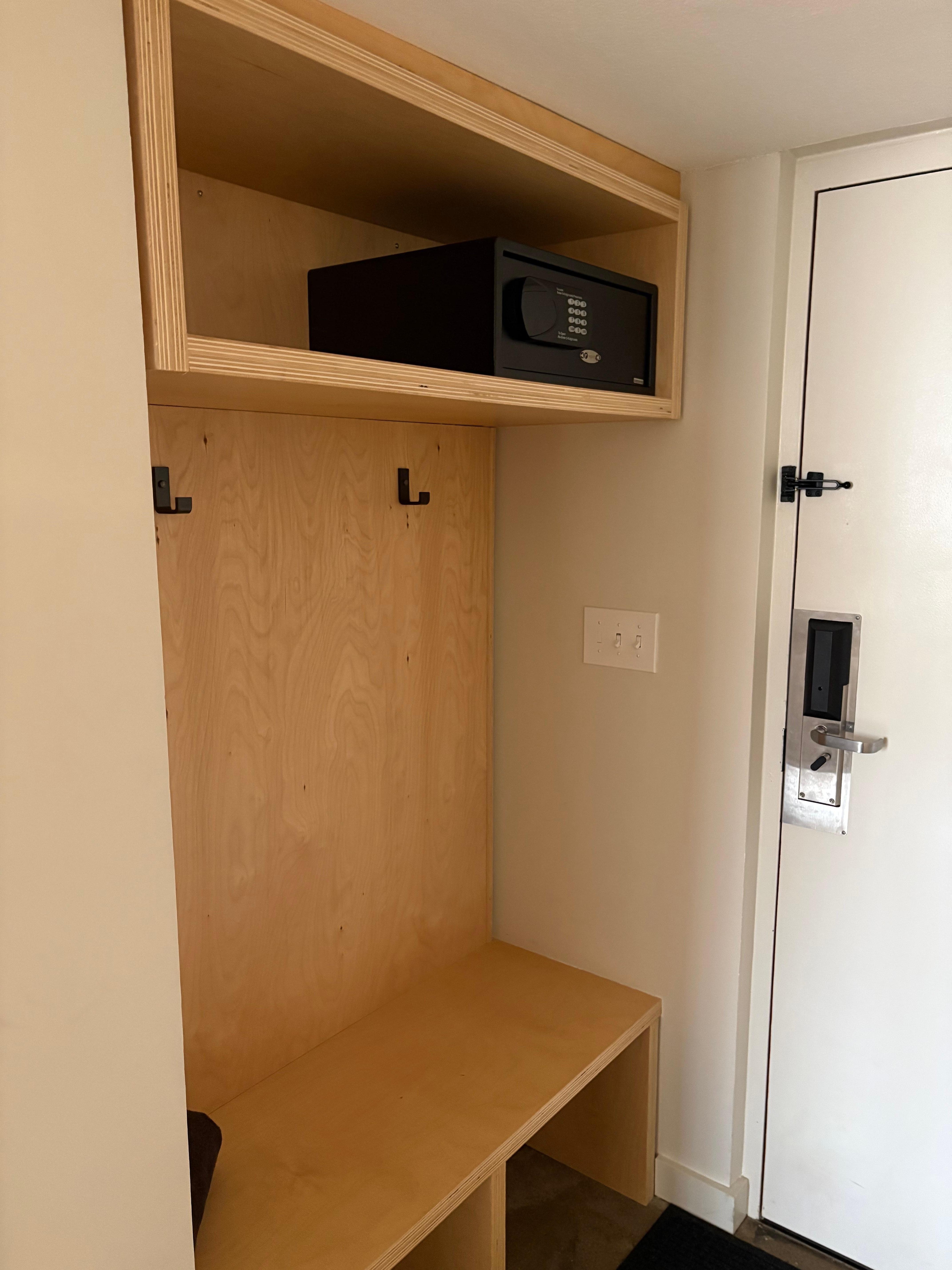 The closet, with safe on the shelf. There's a tv, but the coffee is downstairs in the lobby 'of a morning', as we say in the hills.