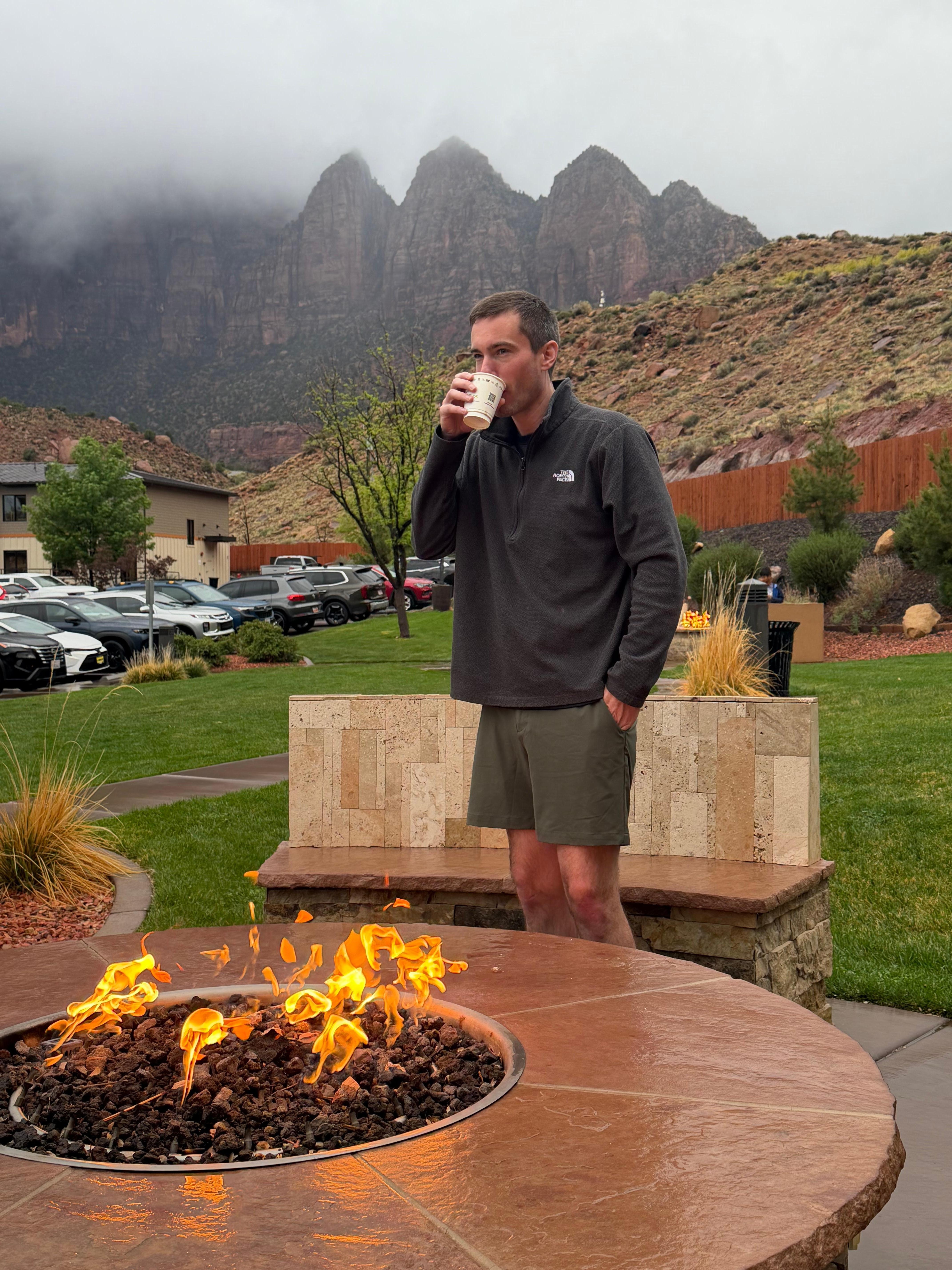 Coffee by the fire on our last morning. 