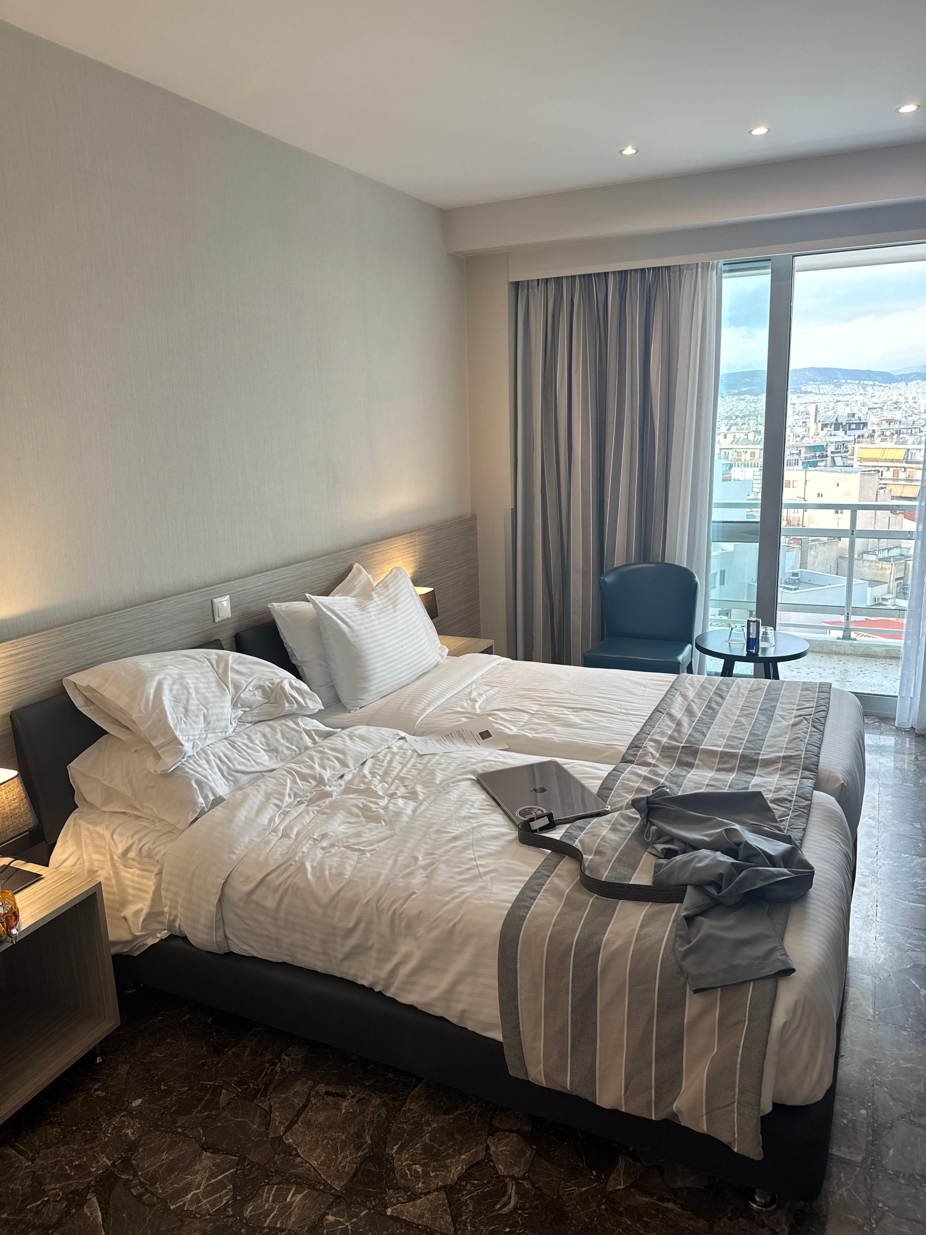 Twin bed room moments after check-in