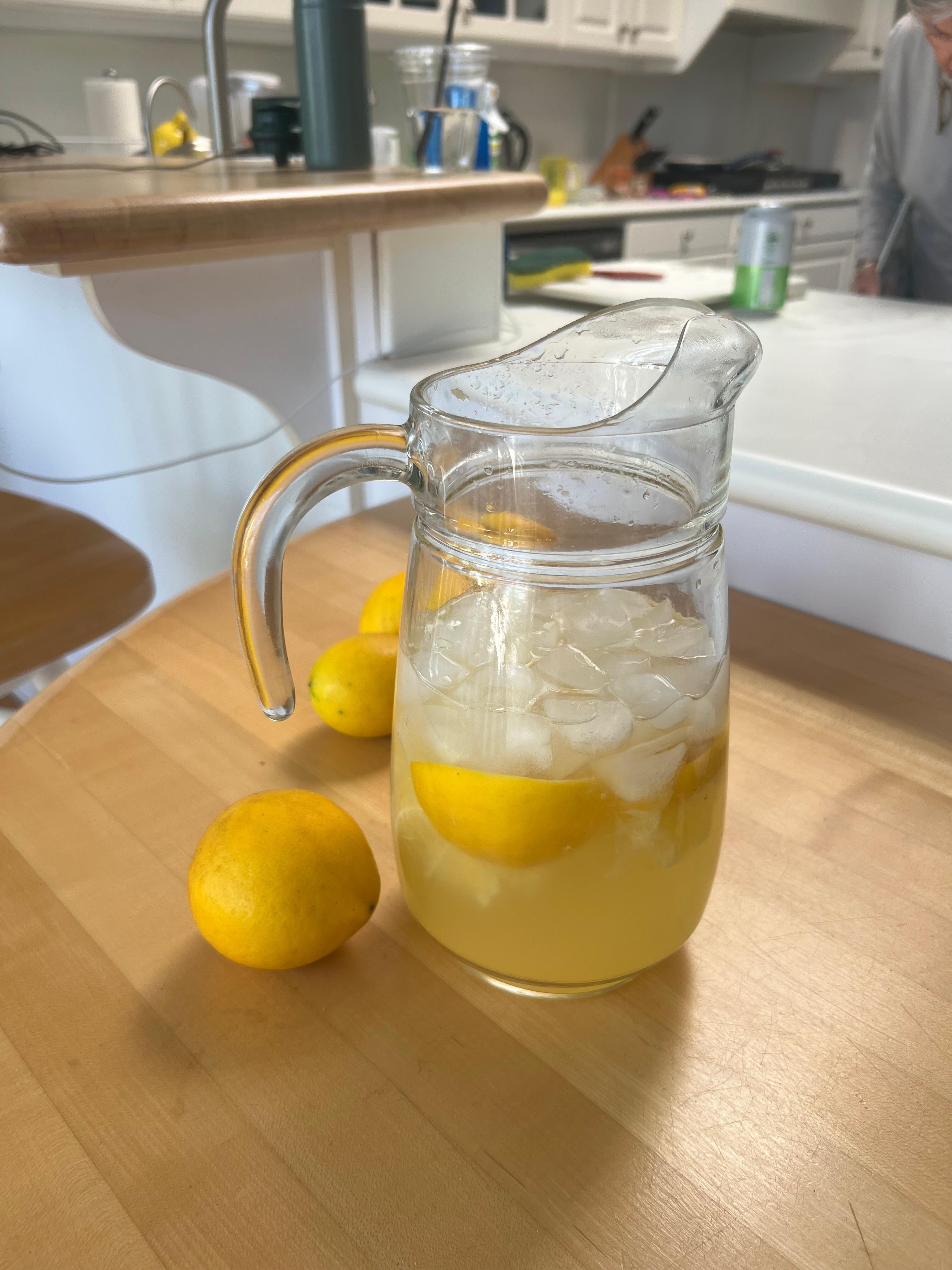 Homemade lemonade from their lemon tree. 