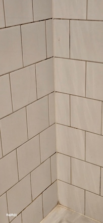 Yellowing tile grout in the shower cubicle.
