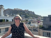 View of the Acropolis from rooftop patio. It was all lit up at night and beautiful