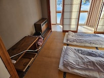 Thin futon,curtainsfalling off rail and paper peeling off doors