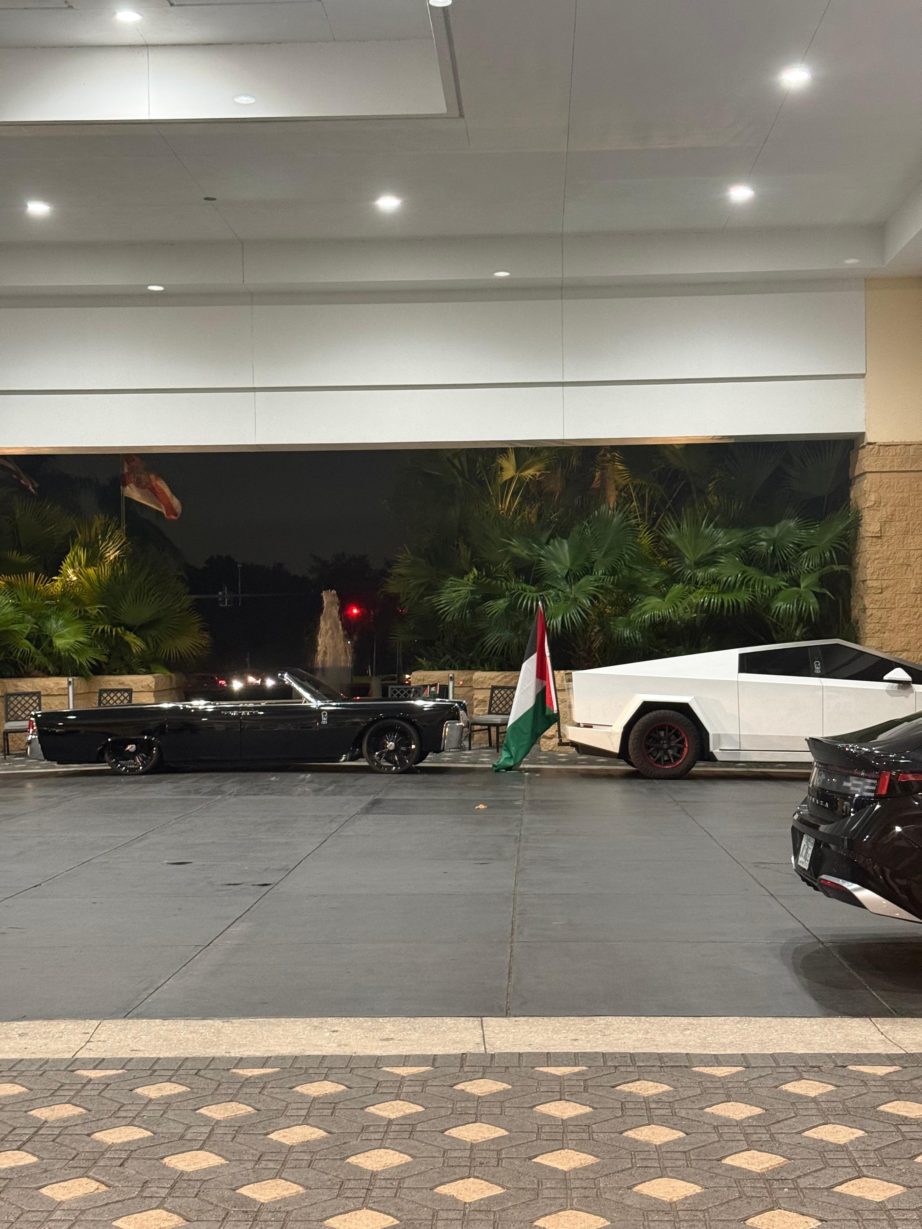 Tesla with huge free Palestine flag.