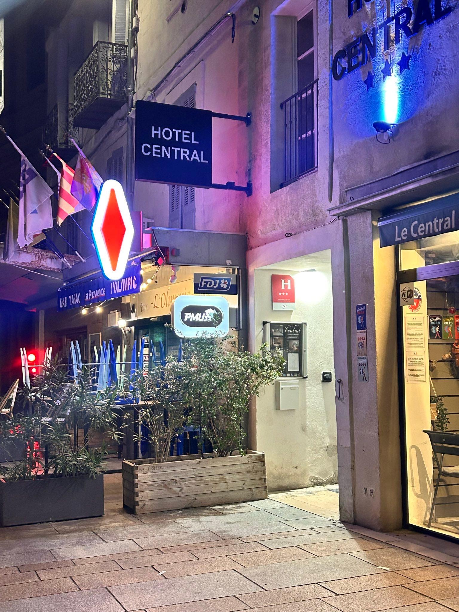 Hotel facade night time 