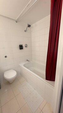 Tiny bathroom with a shower over bath