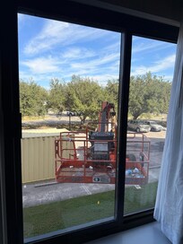 The view from the window was all the containers and equipment for renovations