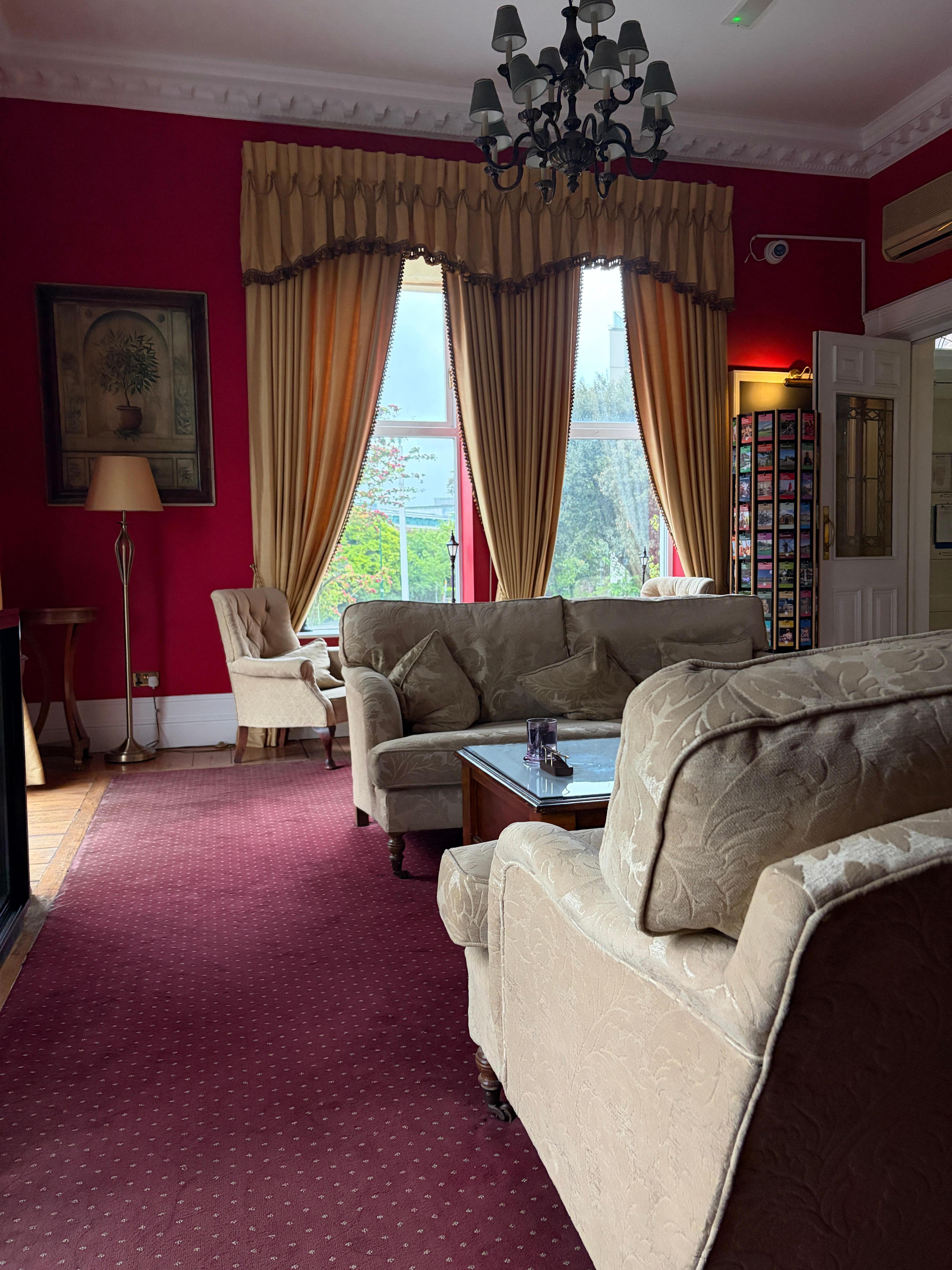 Main living room. Plenty of seating, brochures, fridge, microwave, coffee and tea. 