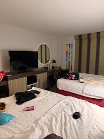 Room was nice. Chair was comfortable and under the opposite side there are two purple pull outs that can be seats or footrests which was nice.