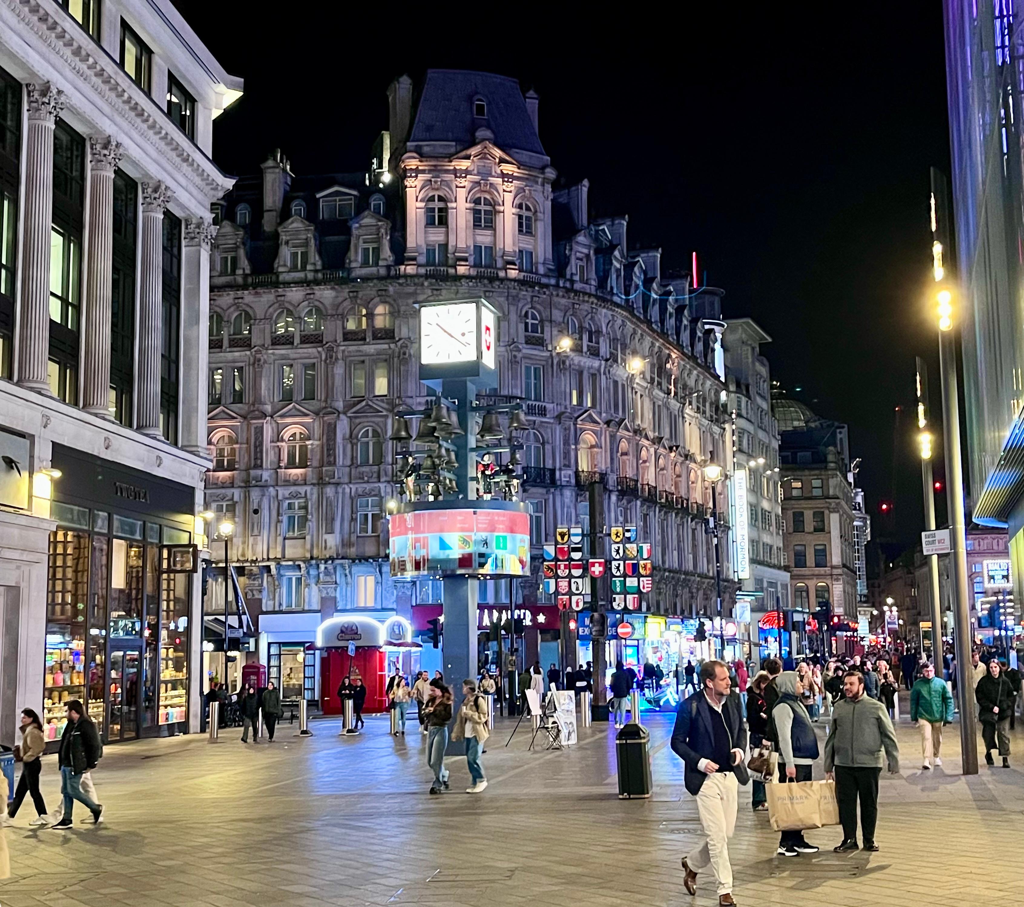 The hotel is behind the clock in Leicester Square.