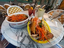 Red Curry Dan Dan Noodles, Grilled Chicken Thigh Banh Mi, Hibiscus Paloma & MargaritaâŠ.so yummy!